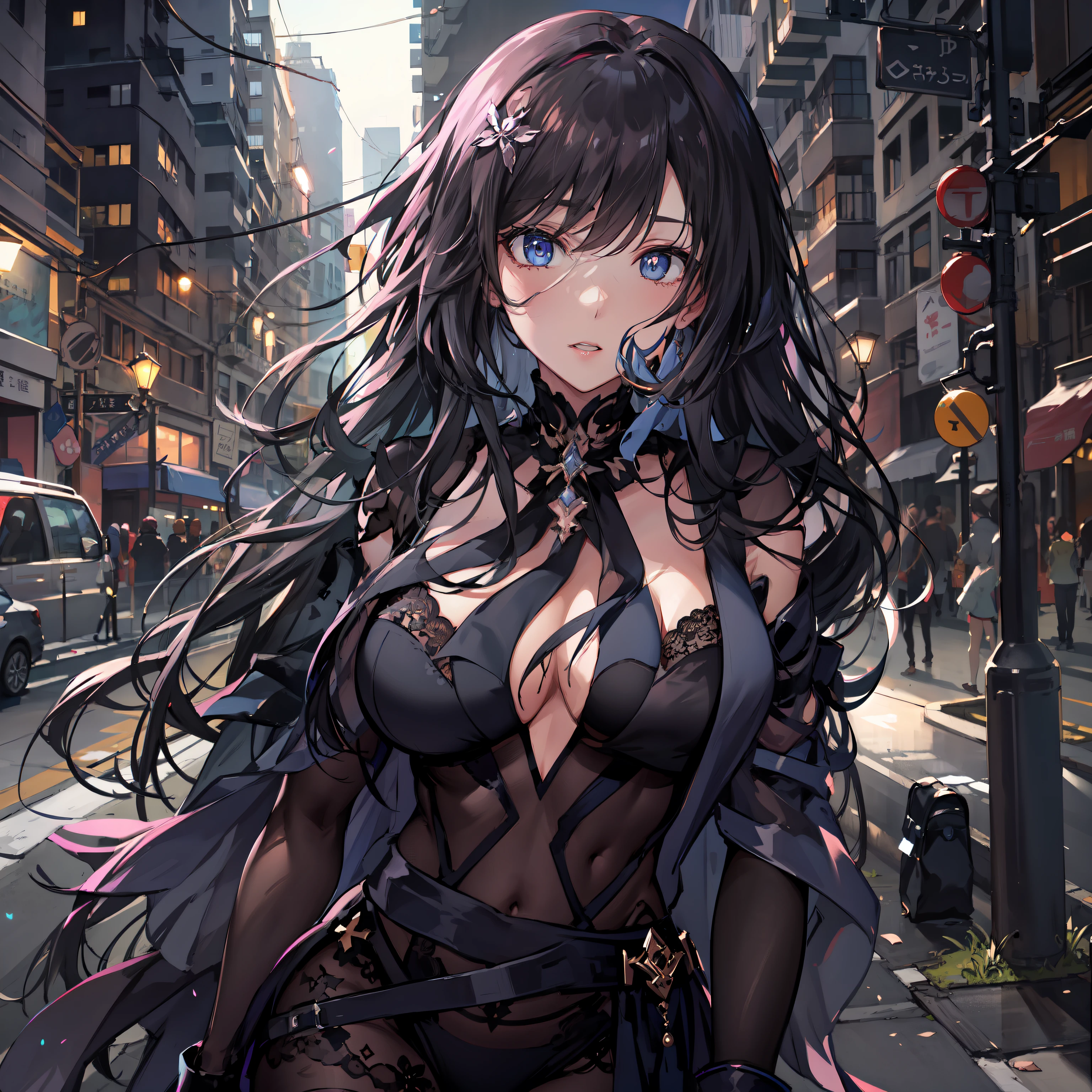 ((tmasterpiece)),Best quality,1girll,closeup cleavage,独奏,Look at the audience,deep in the night,Desolate streets,Background with,Solitude,Sateen,the street lights,(effeminate),(Superb body),(Thin waist Long legs),(Bigboobs),(seductiv),submissive,