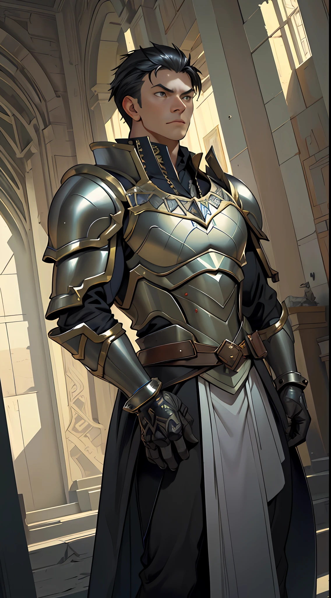 Portrait of a man, 1boy, Solo, Stand quietly, Heroes, A hero never seen before, jawline, Male, Epic, Handsome, prince, warrior, Silver armor, hyperdetailed 3d matte painting, cinemascope panoramic, awe inspiring, landscape, Natural skin texture, Sharp focus, ((Cinematic look)), insanely details, Intricate details, greg rutkovsky、Works of art by Caravaggio and Alphonse Mucha, analogue style, Castle, inside castle, Calm environment,