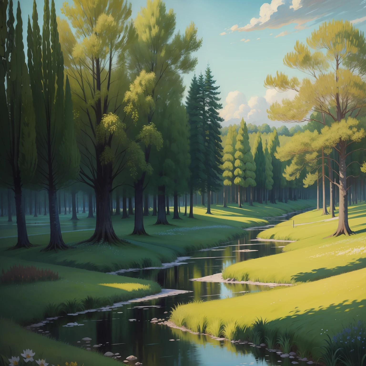 oil painted, There are trees and grass, Flower River is realistic,Van Gogh style