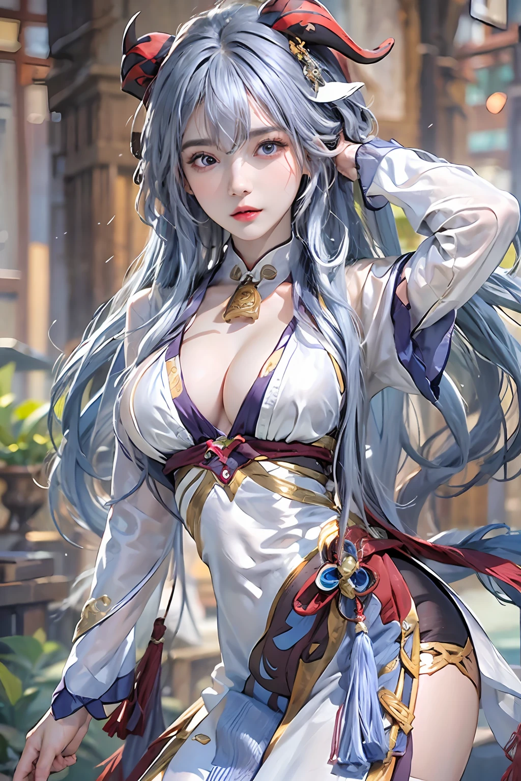 realisticlying, high resolution, 1 woman, Blue long hair, Beautiful eyes, normal breast, ganyu clothes,mitts, Horns, Neckbells, Pantyhose, Purple eyes, side locks, nipple tassels, White sleeves,(Ganyu \(Genshin Impact\))