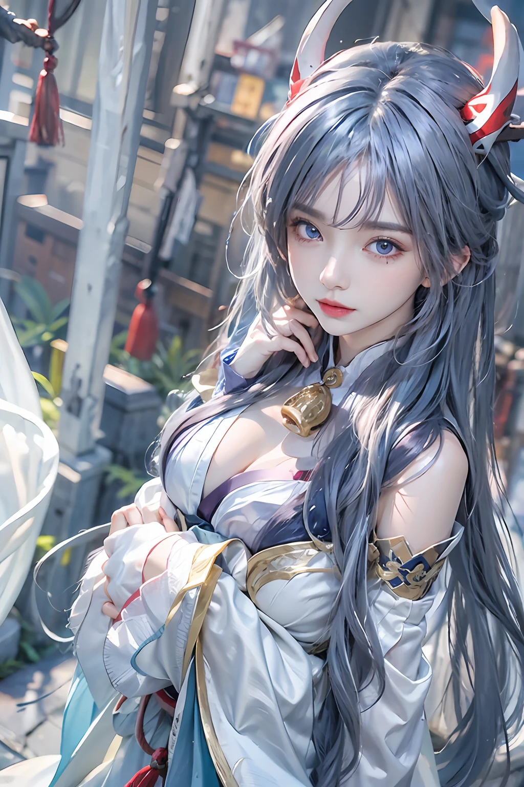 realisticlying, high resolution, 1 woman, Blue long hair, Beautiful eyes, normal breast, ganyu clothes,mitts, Horns, Neckbells, Pantyhose, Purple eyes, side locks, nipple tassels, White sleeves,(Ganyu \(Genshin Impact\))