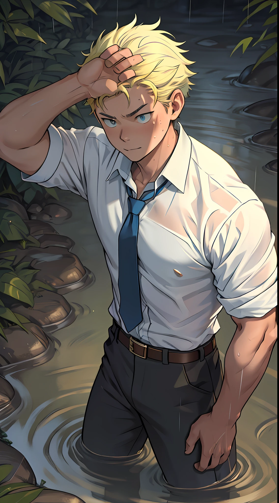 (1 Adult male),A high resolution, Sharp focus, Pixiv masterpiece, ((Complicated details)), highly detailed, natsuki_subaru, 1 man,Lying in the mud, Lazy,full bodyesbian, blue color eyes(eyes glowing), Short yellow hair,white shirt,Wear a tie,Wear a belt,perspire,rain,Drenched,Sweaty crotch,look from down