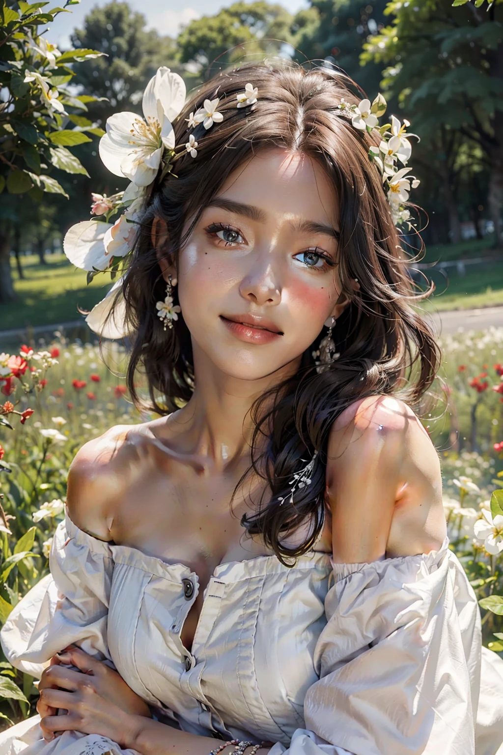 Best quality, masterpiece, ultra high res, (photorealistic:1.4), raw photo, 1girl, white dress, off shoulder, blossom flower field, glowing skin, light smile