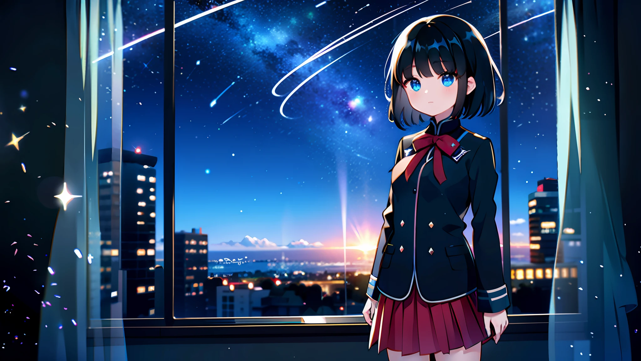 masterpiece, best quality,hbrwfs, 1girl, solo, flower,skirt, indoors, scenery, night, window, bangs, black hair, black legwear, looking at viewer,blurry, blurry background,standing,uniform,night sky, horizon, stars,lonely,