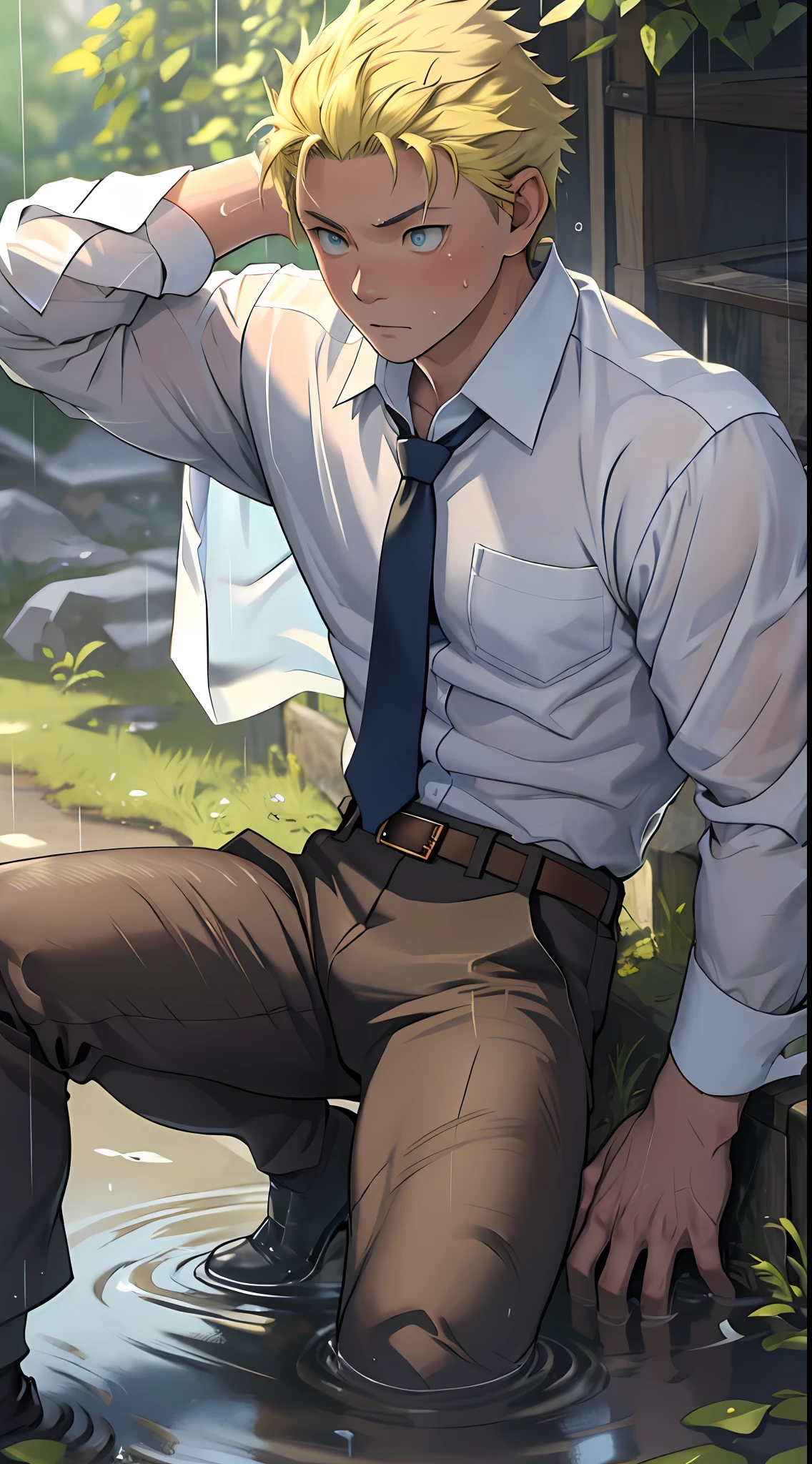 （1 Adult male），A high resolution， Sharp focus， Pixiv masterpiece， （（Complicated details））， highly  detailed， natsuki_subaru， 1 man，Lying in the mud， Lazy，full bodyesbian， blue color eyes（eyes glowing）， Short yellow hair，white  shirt，Wear a tie，Wear a belt，perspire，rain，Drenched，Sweaty crotch，look from down