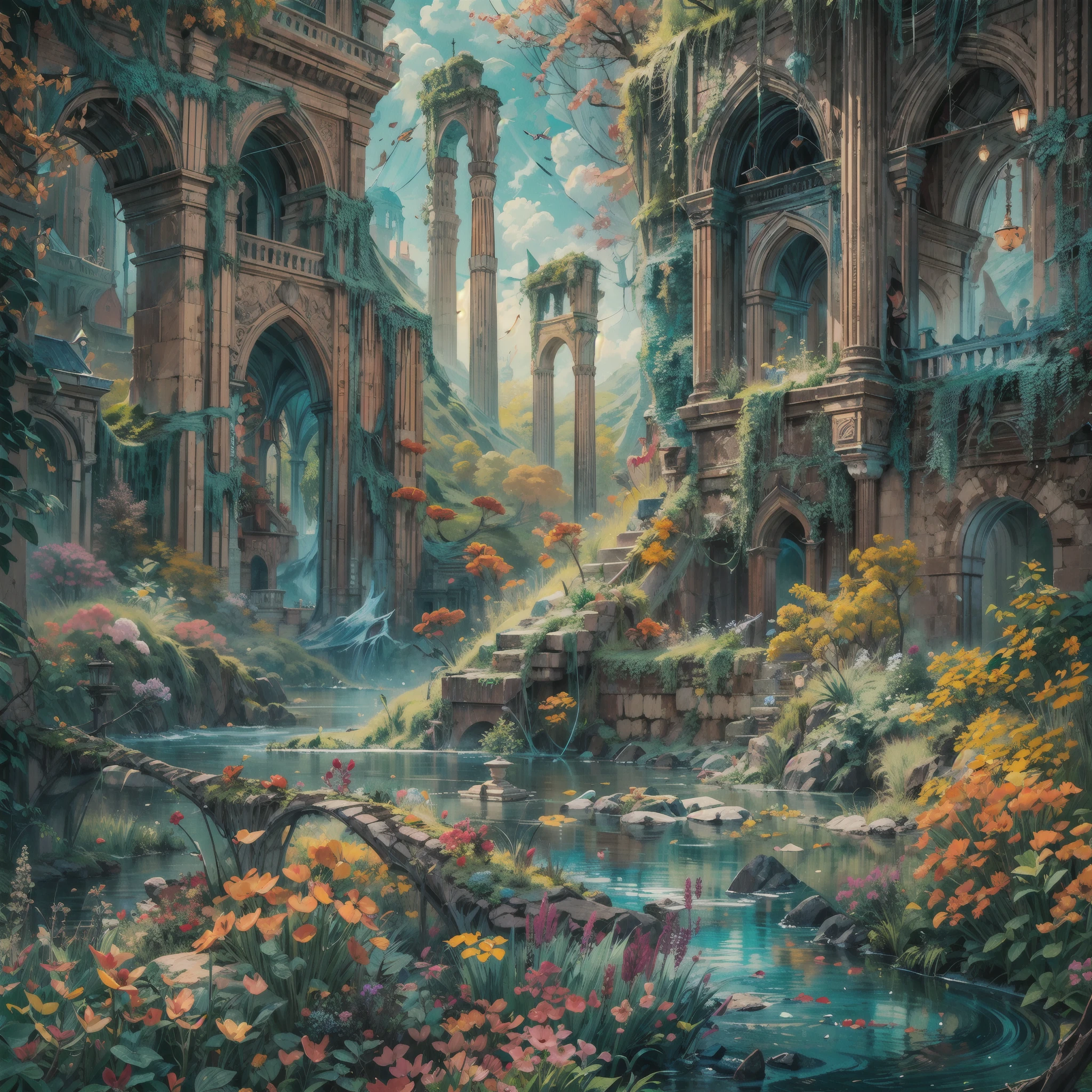 Beside a pumice isle in Baiae's bay,
And saw in sleep old palaces and towers,
Quivering within the wave's intenser day,
All overgrown with azure moss and flowers. BREAK ultrafine hyperdetailed artwork, stylized and well-balanced, aesthetic beauty, captivating, attention-grabbing, cerebral, abstract, illusionism, vibrant, vivid, visually appealing, matte, [glitch art], understated, auto-destructive, regenerative art, beautifully colored, captivating, dynamic, depth and energy.