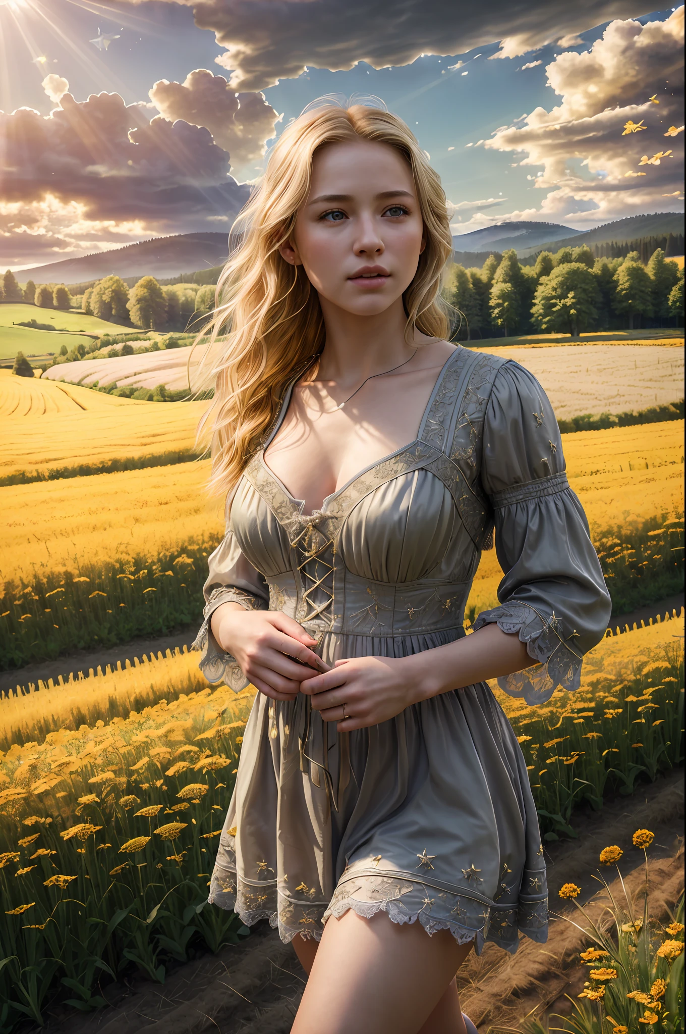 (realistic:1.3), finely detailed, quality, rembrandt lighting, (masterpiece:1.2), (photorealistic:1.2), (best quality), (detailed skin:1.3), (intricate details), dramatic, ray tracing, 1girl, american white girl, blonde hair, 21 years old, medium breasts, (Meadow, Sun, Clouds, Field, Farming, Starlight, Walking trail)