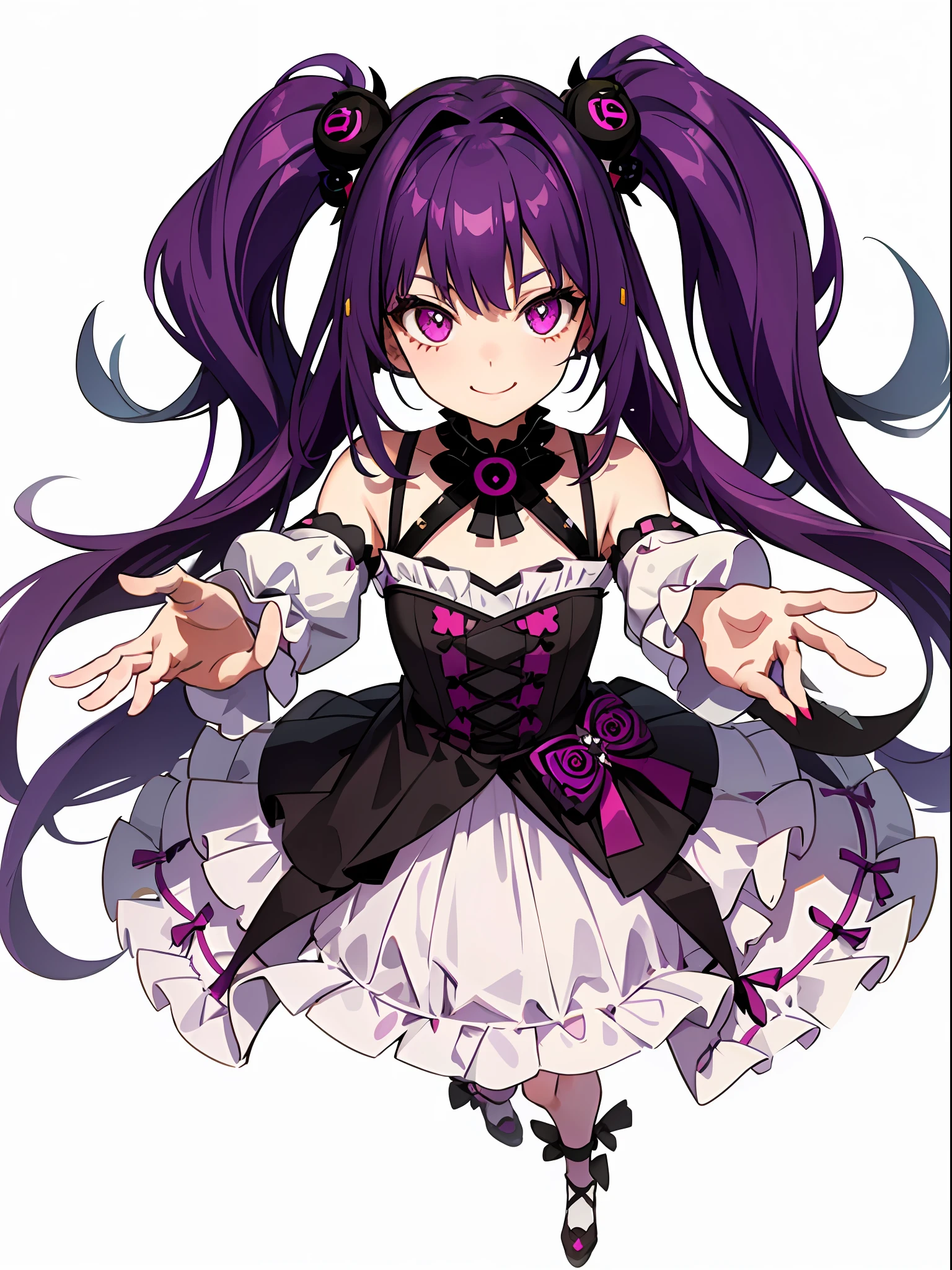 (vtubermodel:1.2) fullbody , 1girl,purple hair and pink eyes, smiling , dress, fluffy bear ears, high quality , extra detailed , rendered, sharp face, symmetrical , facing viewer ,A-pose, (white background:1.5), looking at viewer