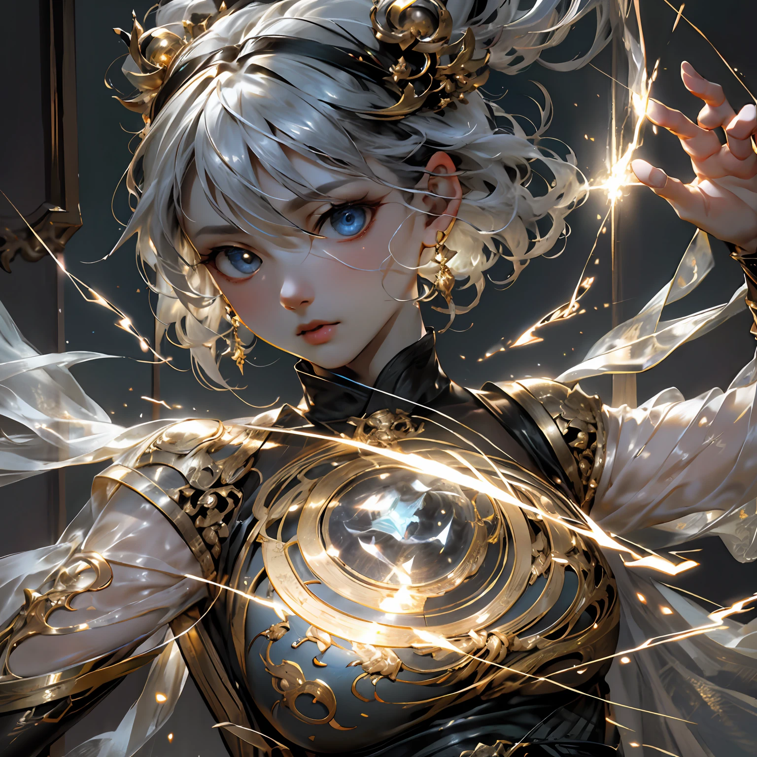 A group of trainees，period costume，Fairy style，Ancient clothes，The expression is helpless，The expression is guilty，ruri，Glazed white hair，smog，white light，strong lights，Glazed blue top，Bracers，Glazed blue pants，blueglow，drak。4k,k hd，ultraclear，lightning bolt，ultra-realistic realism，hyper-detailing，eyes glowing，Close up