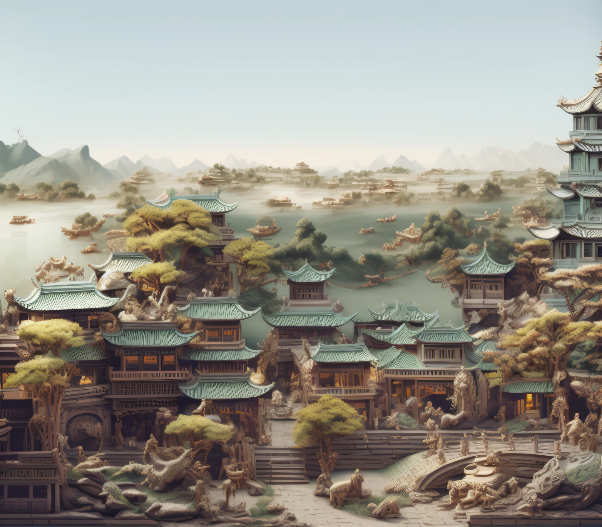 Mono Color,pastel green,Three-dimensional relief,Crafted with meticulous precision,Strong sense of three-dimensionality,High contrast,ivory carving,Chinese illustration on light green background,Celadon texture,downy,Chinese traditional style,super wide angle view,32K,A high resolution