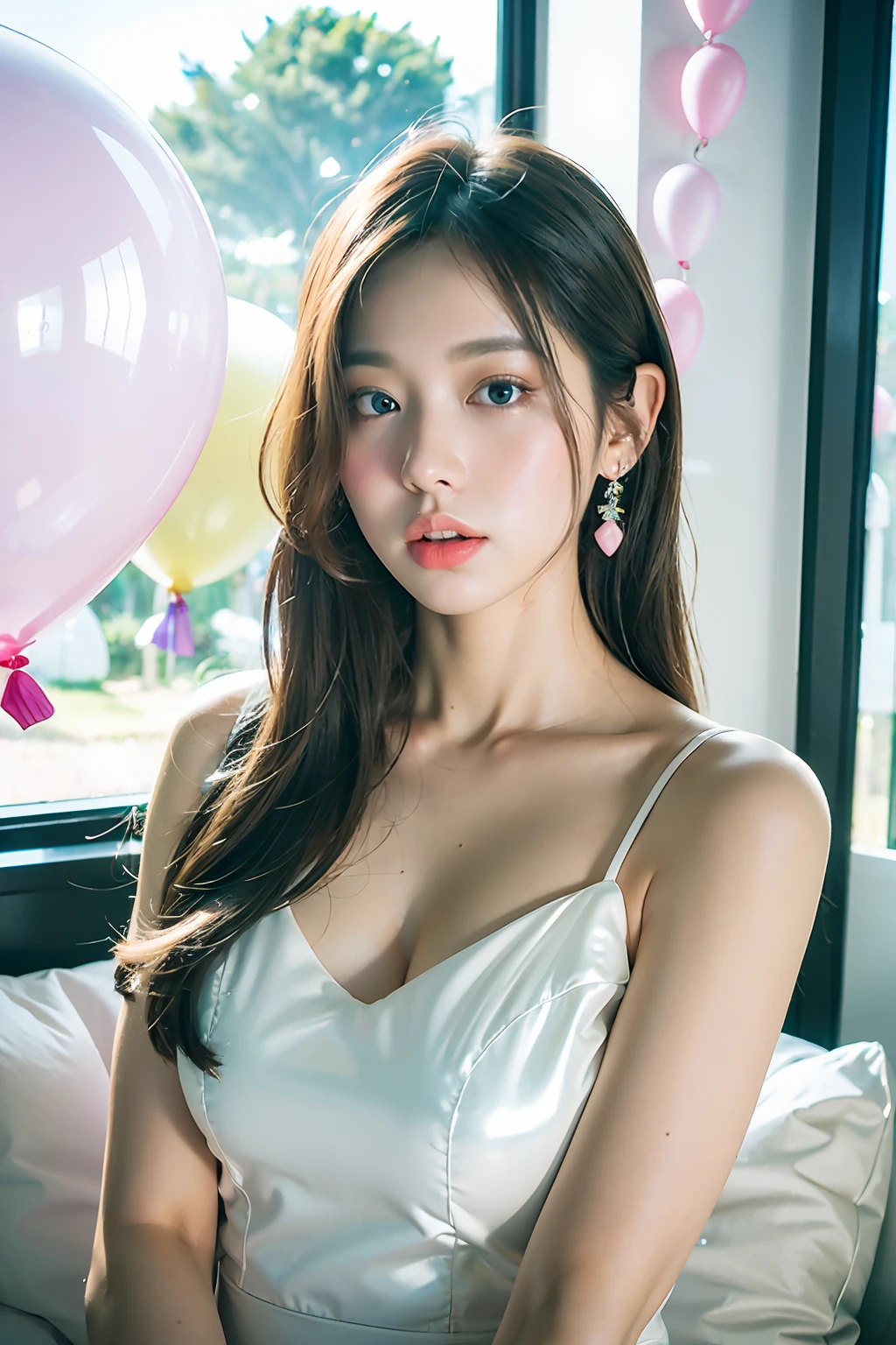 (MASTERPIECE:1.2),(CGI ART:1.3),(REALISTIC:1.5),(POST PROCESSING:1.3),(SHARP FOCUS:1.3),8K,1 girl in bedroom, ((UPPER BODY)), ((white dress)), (((shiny skin))), (wide shot:1.4), window, (((Pastel balloons MESS IN BACKGROUND))), (high shadows detail) , (ILLUSTRATION:1.2), (ulzzang-6500:1.0), ((HDR)),