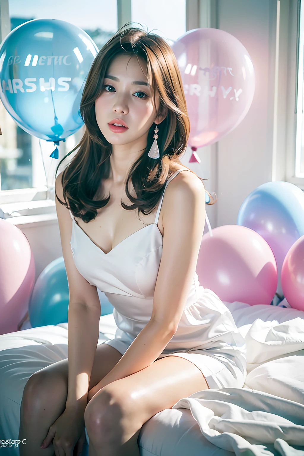 (MASTERPIECE:1.2),(CGI ART:1.3),(REALISTIC:1.5),(POST PROCESSING:1.3),(SHARP FOCUS:1.3),8K,1 girl in bedroom, ((UPPER BODY)), ((white dress)), (((shiny skin))), (wide shot:1.4), window, (((Pastel balloons MESS IN BACKGROUND))), (high shadows detail) , (ILLUSTRATION:1.2), (ulzzang-6500:1.0), ((HDR)),