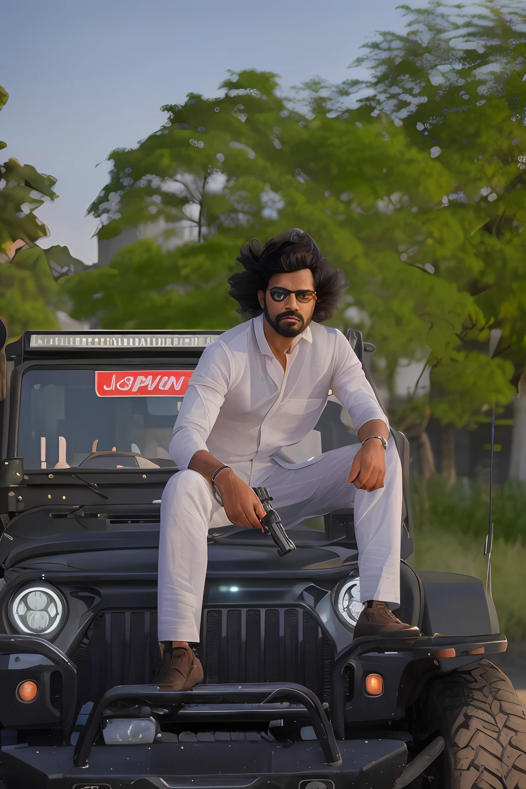 there is a man sitting on the hood of a jeep, jayison devadas style, jayison devadas, movie stills photography, cinematic shoot, shot on canon eos r5, shot on canon eos r 5, dynamic movie still, stylish pose, mid shot portrait, vijay jayant props, with rifle, shot on sony a 7 iii, portrait shot, with pistol, detailed face, city in background