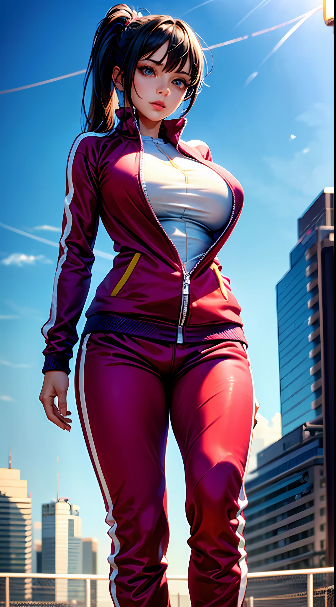 ulzang-6500-v1.1, (RAW photo:1.2), ((Photorealistic:1.4)), NSFW, Best quality, Masterpiece, illustration, An extremely delicate and beautiful, Extremely detailed ,CG ,Unity ,8K wallpaper, Amazing, finedetail, Masterpiece,Best quality,offcial art, Extremely detailed Cg Unity 8K wallpaper, absurderes, unbelievable Ridiculous, hugefilesize, Ultra-detailed, A high resolution, Extremely detailed, Beautiful detailed girl, Extremely detailed eyes and face, Beautiful detailed eyes, light in face, Cinematic lighting, ((From below)), full bodyesbian, full body shot of, pony tails, See-through, gigantic cleavage breasts, Outdoors, (((((track suit))))), ((Topless)), High heels, Black hair, Cityscape,