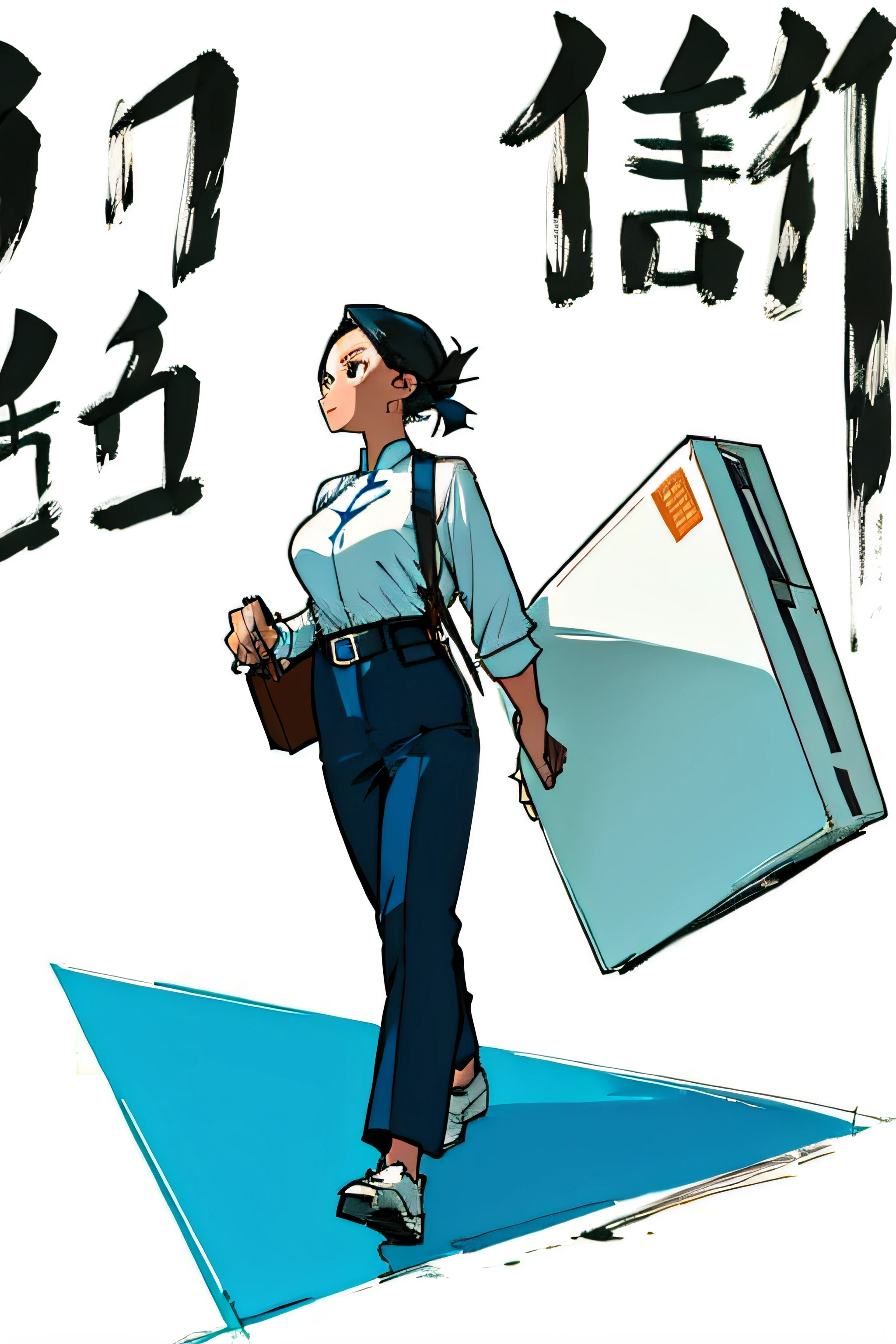 Male office workers，Inspirational，look up to，Side view，Advertising illustration，Chinese big breasts，Whole body diagram，White background，briefcase，Normal face，Q printmaking style