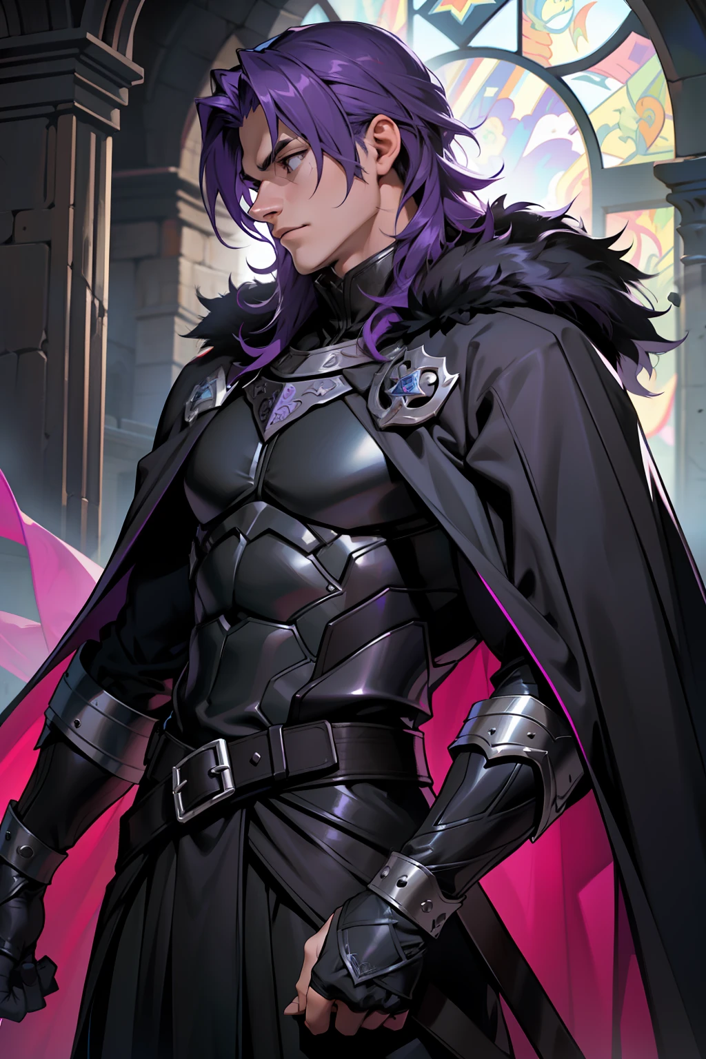 The facial features are clear and three-dimensional,Masterpiece,Highest quality,Handsome male guy,Purple colored hair,Wearing purple armor,Animal fur coat with black cape,Cursed,The Dark Knight,medieval times,martial art,depth of fields,Side face