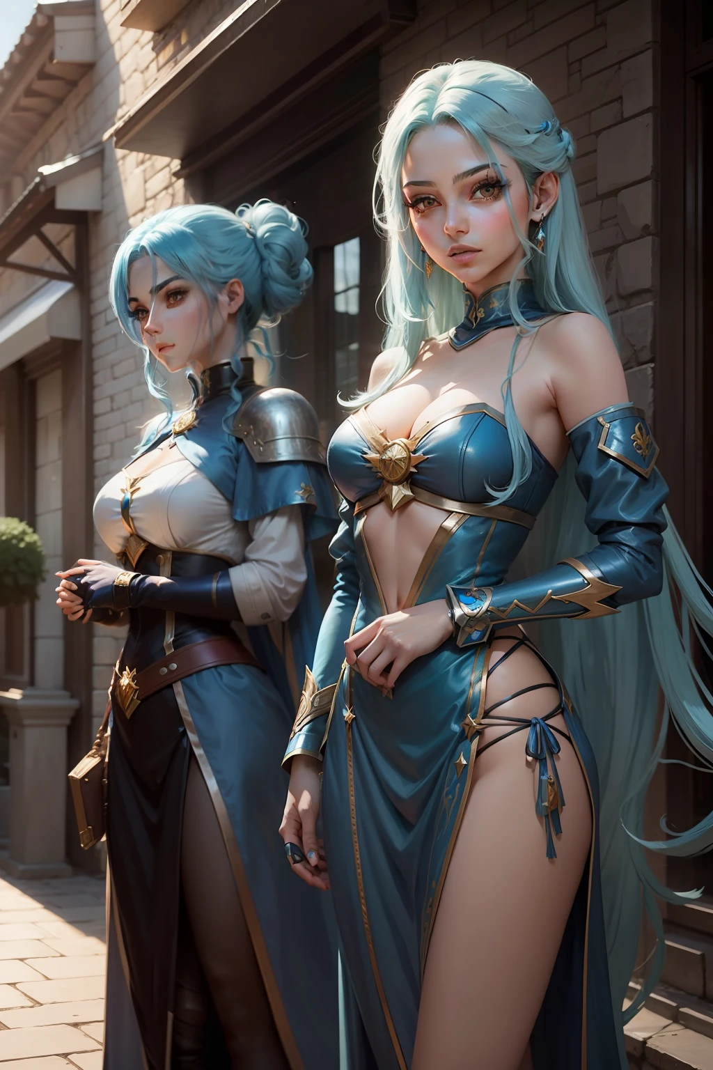 Anime girl with blue hair and blue top posing in front of café, maya ali as a lightning mage, maya ali as a storm sorcerer, ashe, maya ali as a d&d sorcerer, female mage!, Maya Ali as the Wind Magician, Maya Ali as a cyber magician, portrait knights of zodiac girl, knights of zodiac girl