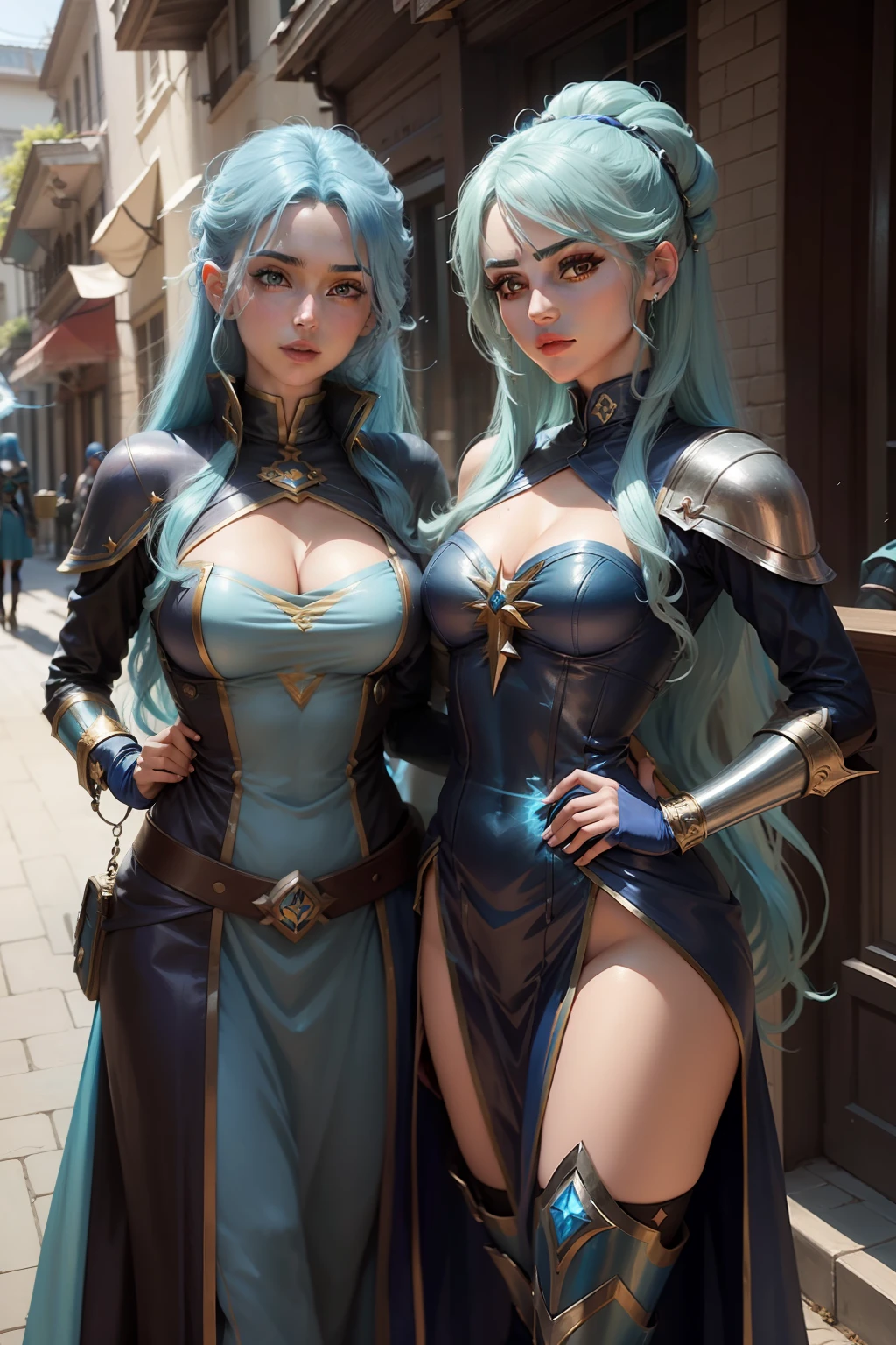 Anime girl with blue hair and blue top posing in front of café, maya ali as a lightning mage, maya ali as a storm sorcerer, ashe, maya ali as a d&d sorcerer, female mage!, Maya Ali as the Wind Magician, Maya Ali as a cyber magician, portrait knights of zodiac girl, knights of zodiac girl
