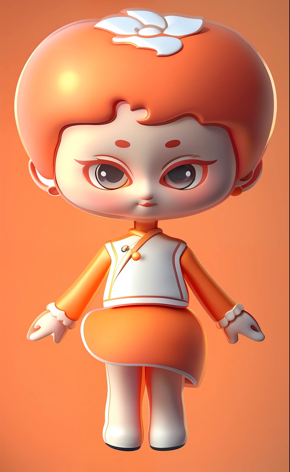 Northern large persimmon on top of the head,IP image,Kizi,sprout,Lovely earrings with peach heart earrings,rococo,3d,solid,Cartoon girl with orange hair and orange dress,cute character, solid,Modeling,