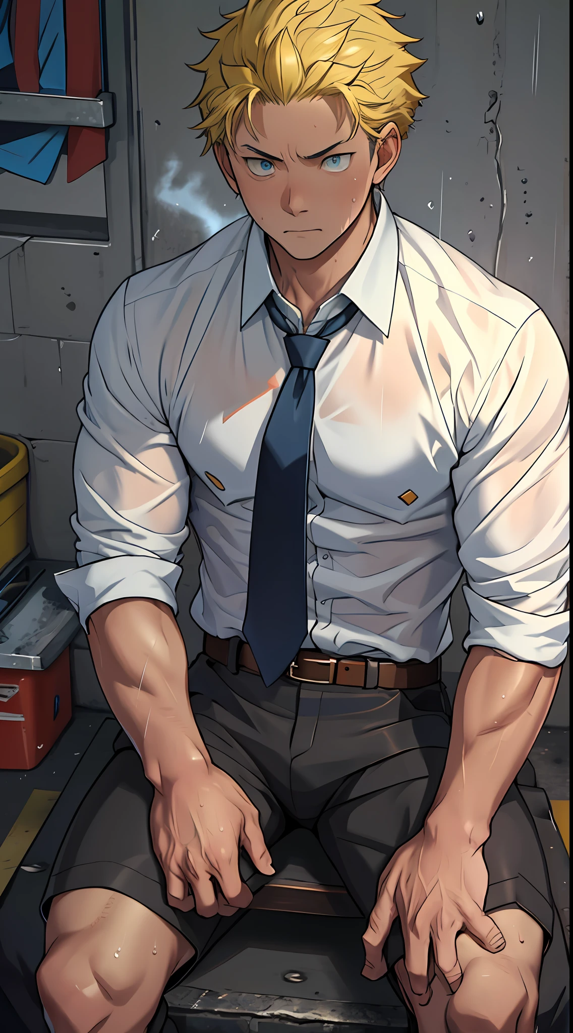 (1 Adult male),A high resolution, Sharp focus, Pixiv masterpiece, ((Complicated details)), highly detailed, natsuki_subaru, 1 man,sit astride,Close-up of crotch,Crotch view, Lazy,full bodyesbian, blue color eyes(eyes glowing), Short yellow hair,white shirt,Wear a tie,Wear a belt,perspire,rain,Drenched,Sweaty crotch,look from down