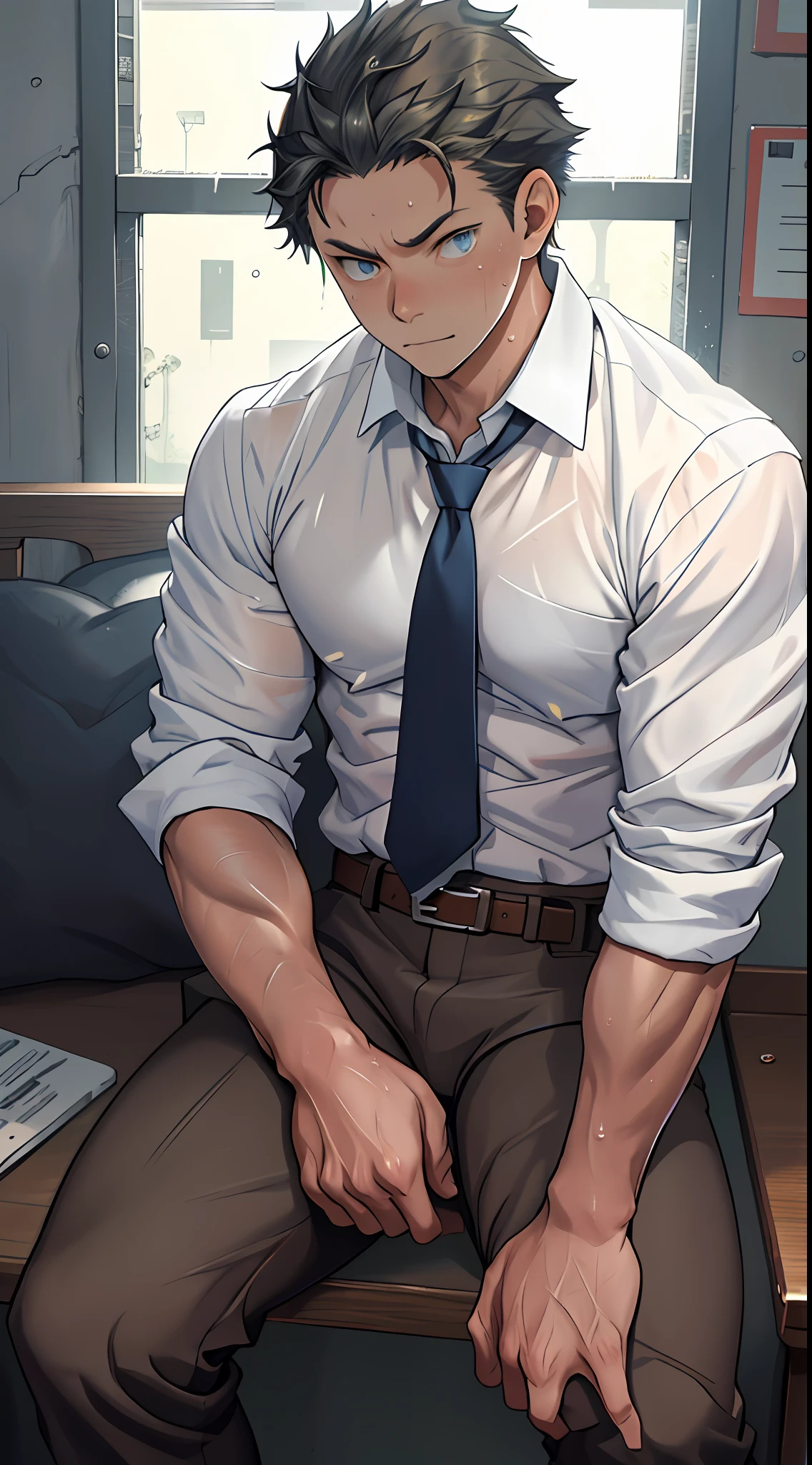 （1 Adult male），A high resolution， Sharp focus， Pixiv masterpiece， （（Complicated details））， highly  detailed， natsuki_subaru， 1 man，sit astride，Close-up of crotch，Crotch view， Lazy，full bodyesbian， blue color eyes（eyes glowing）， Short yellow hair，white  shirt，Wear a tie，Wear a belt，perspire，rain，Drenched，Sweaty crotch，look from down