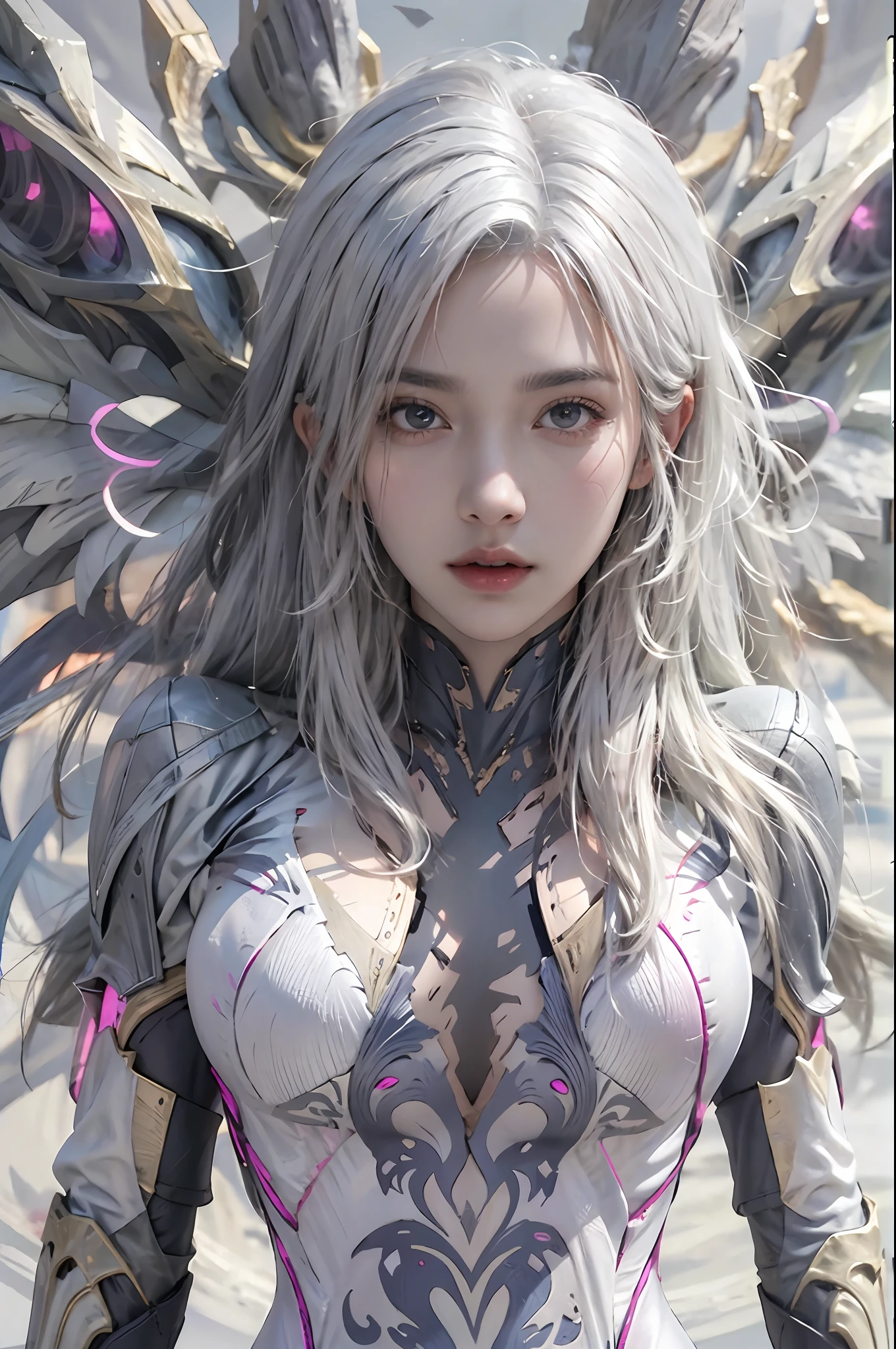 photorealistic, high resolution, 1women, solo, hips up, look at viewer, (detailed face), white hair, kai'sa, bodysuit, void wings