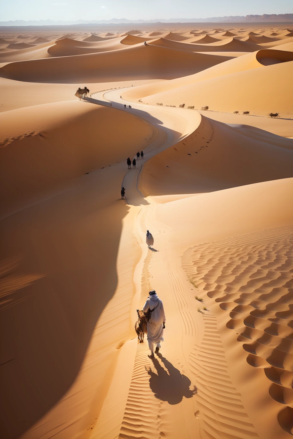 arab man walking in the desert with his camel, far away shot , big desert, make the man at the end