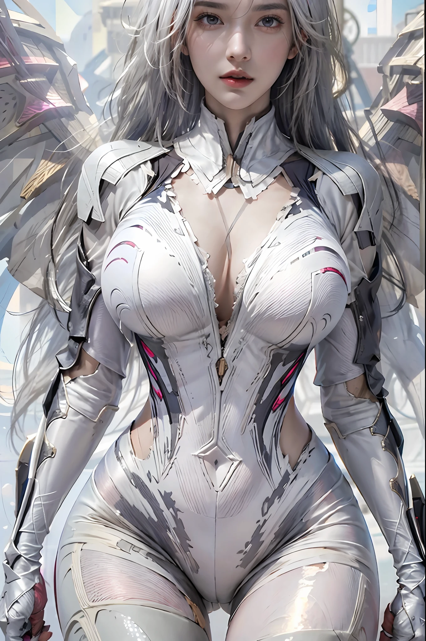 photorealistic, high resolution, 1women, solo, hips up, look at viewer, (detailed face), white hair, kai'sa, bodysuit, void wings