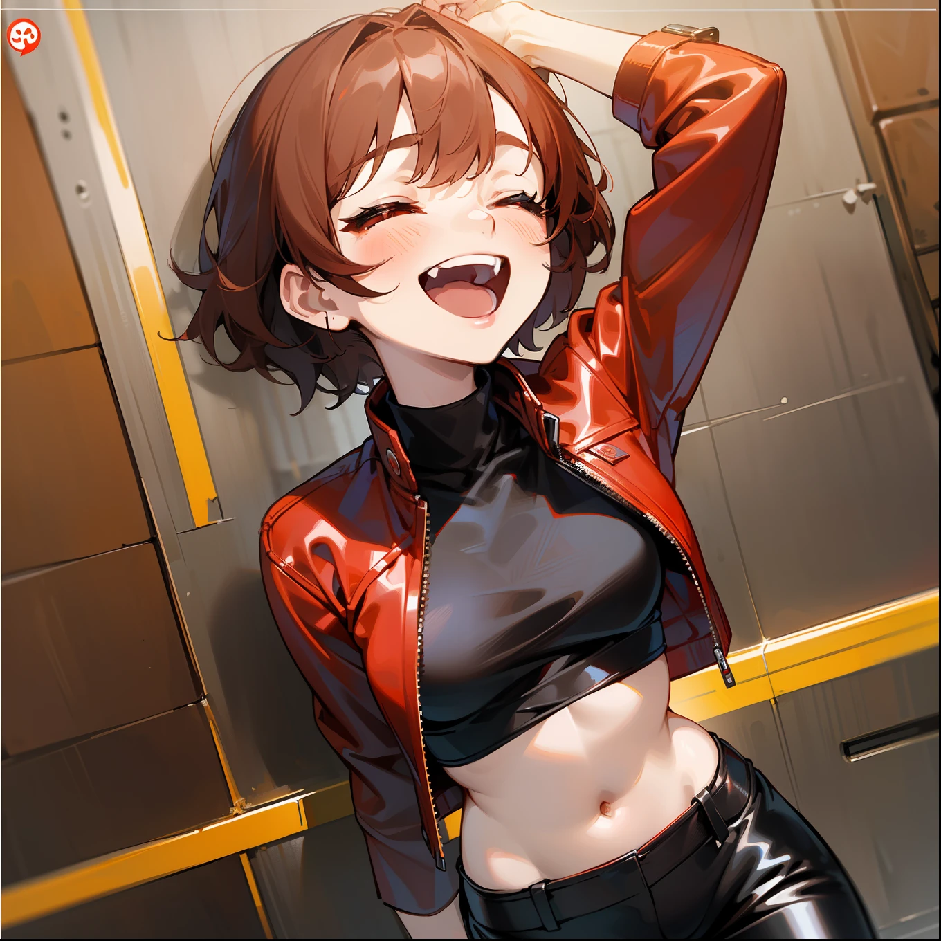 "(独奏、burst out laughing、The girl closed her eyes and shouted、Woman in red leather jacket、Woman with red and brown hair cut short、Red-eyed woman、Black navel exposed turtleneck T-shirt、Black Hot Pants)"