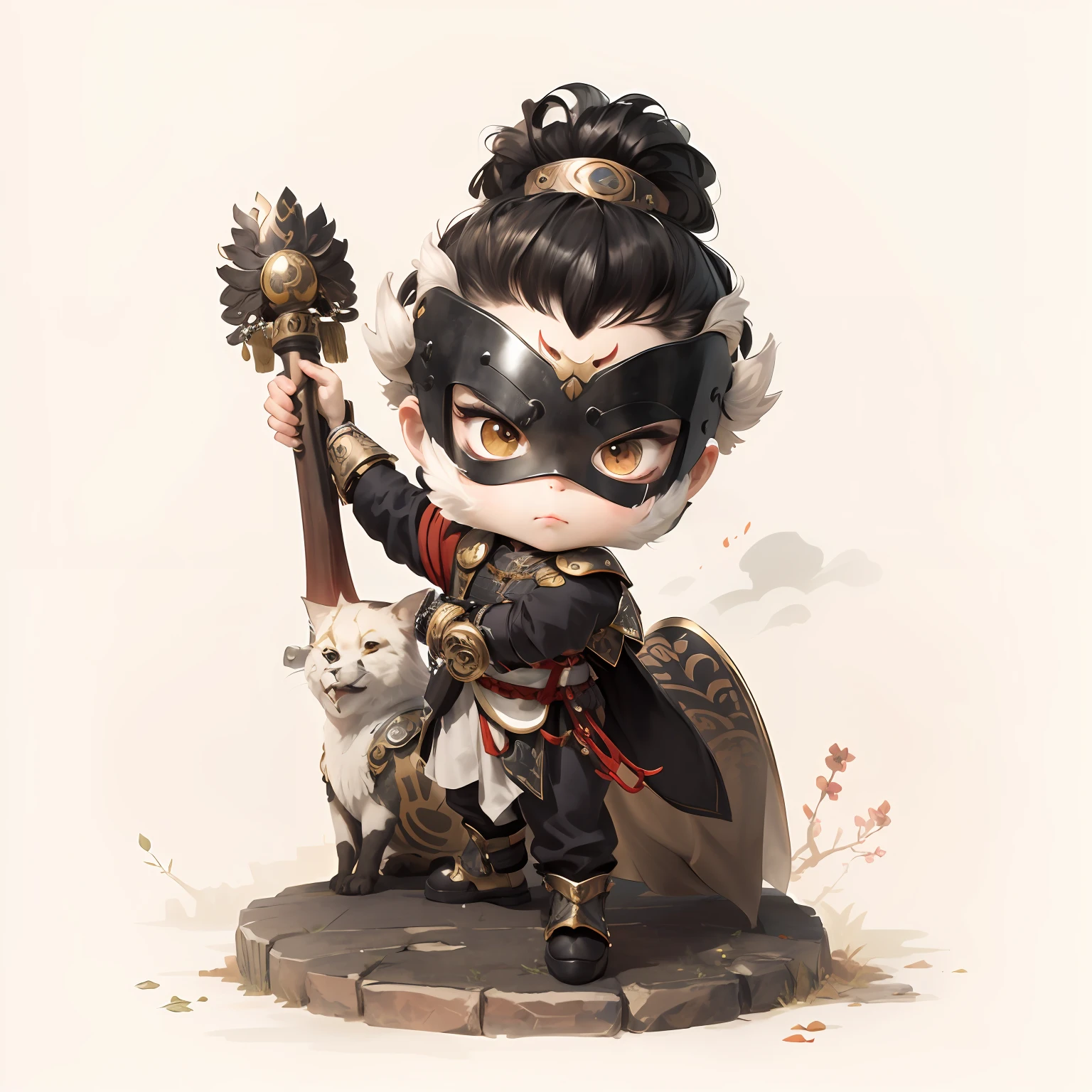 male people,Male characters,tchibi,Bad,Armed mace,Mace weapons,Ancient Chinese weapons,The handle has a delicate pattern,Shoulder blades,metal breastplate,chainmail,Animal pattern cuirass,chest plate,Bracers,Flowing hem,China-style,Chinese-style clothing,Chinese shoes,There are beautiful patterns on the weapon grips,ultra-realistic realism,anaglyph,stereograms,Fine painting,Refinement,infinite details,high definition detail,Patterned,Pattern,Blank background,Bright colors,Metal edging