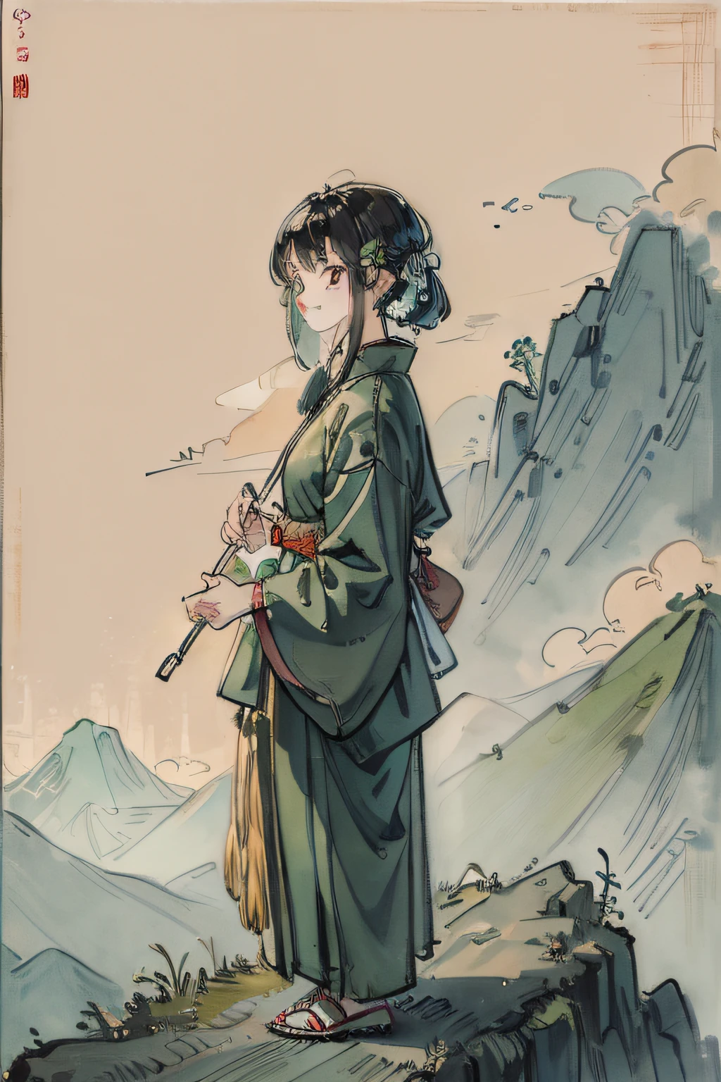 (tmasterpiece,best qualtiy:1.2),Tradition Chinese Ink Painting,Green mountains,The composition is minimalist,(one-girl,The eyes are more carefully described),Laugh while standing