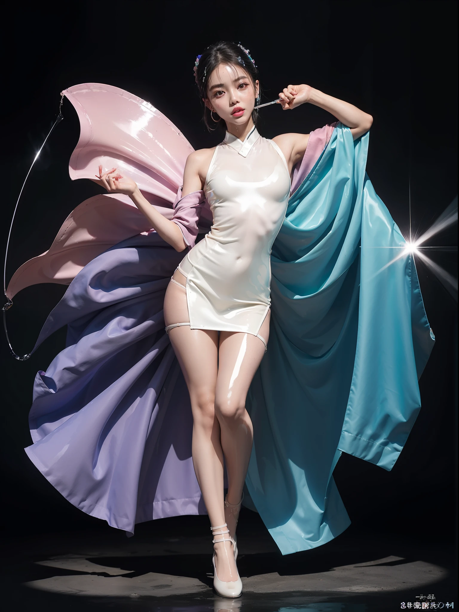(Full body shot:2), (1girll:1.2), anatomy correct, Must show your face, Dance on top of a mountain, The breath of nature, Uniform high heels must be worn,Over-the-knee stockings, (gloss on the skin:2), (gloss on the skin:2), (Skin reflects light:2), (In pink|amarelo|blue colors|green color|red colour|white colors|black in color|purpleish color|greys|Beige|Skin color), Japan kimono, Many jewelry, A shallow laugh, anatomy correct, Complex and diverse backgrounds, hyper HD, Ray traching, reflective light, structurally correct, Award-Awarded, high detal, lightand shade contrast, Face lighting, cinmatic lighting, tmasterpiece, super detailing, high high quality, high detal, best qualityer, Reflectors, 16k