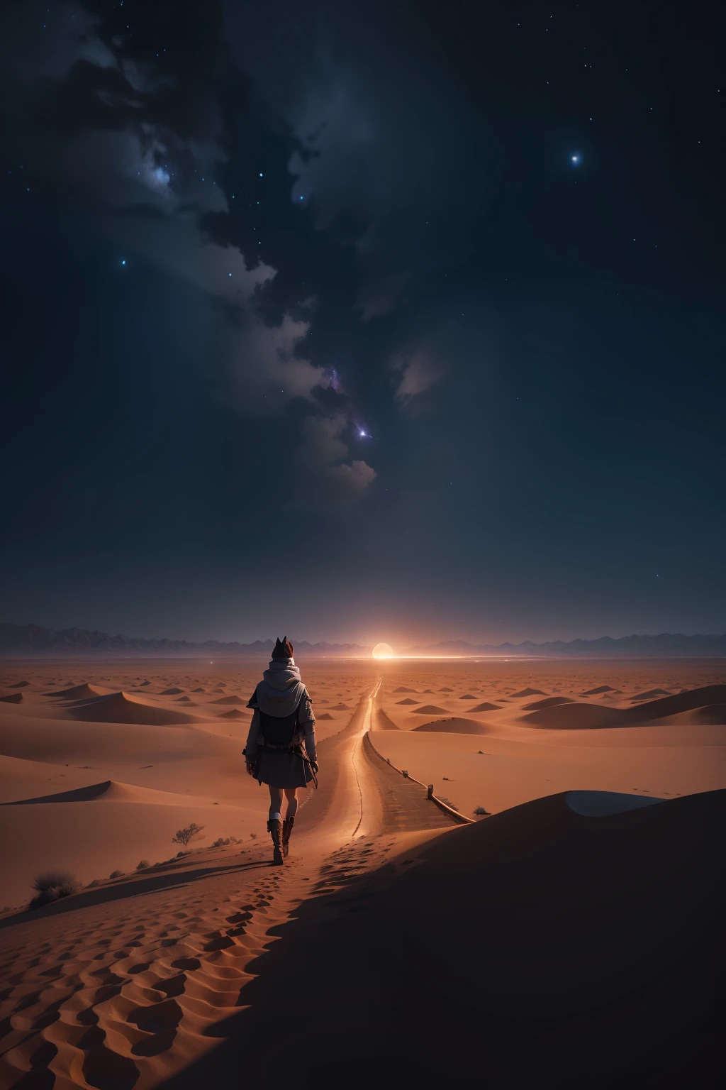 In an endless desert night,Stars all over the place,The bright moonlight shrouded a lone wolf wandering alone。