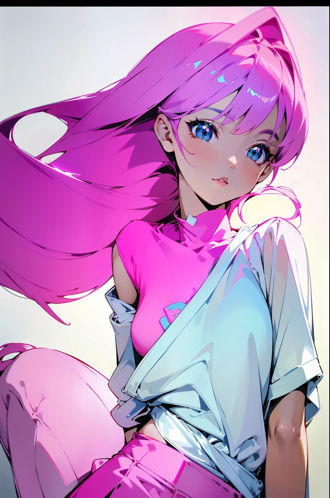 a cute little girl,pink lips,wearing a bright white shirt,in the style of soft color palette aurorapunk,an anime illustration of her face,animated gifs,hand-drawn animation,charming sketches,smooth and shiny,hazy romanticism,superflat style,white background--ar 1:1--niji 5--style expressive --s 50