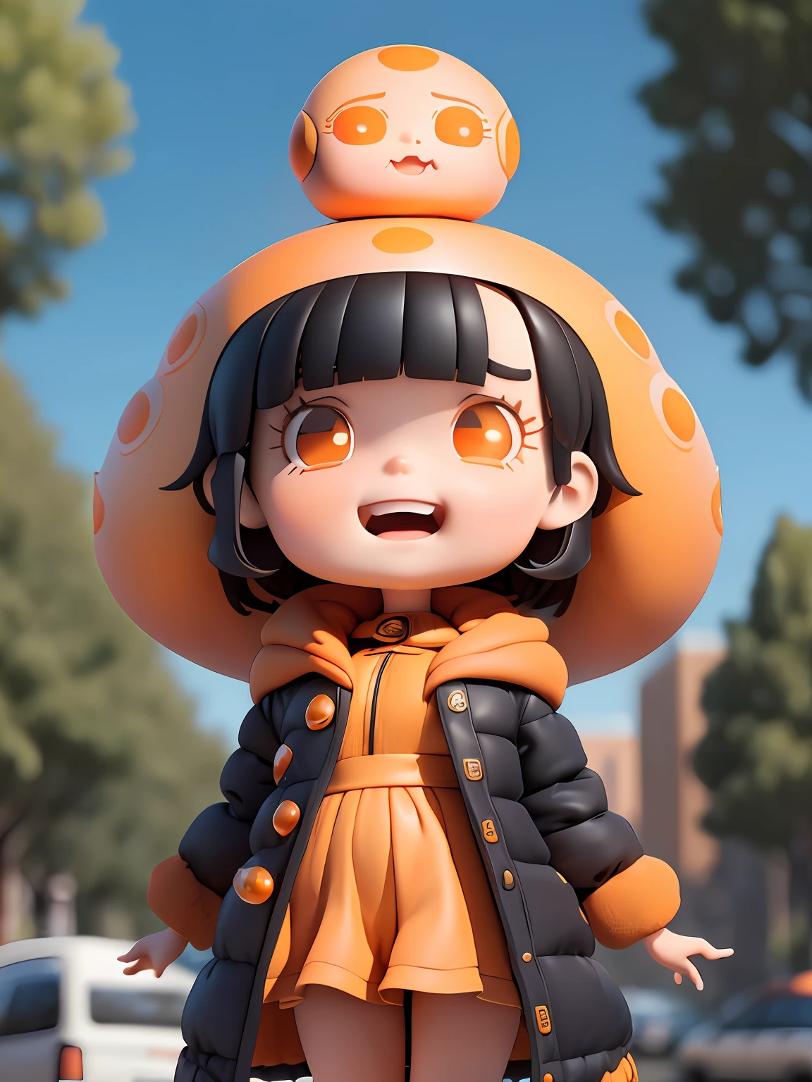 (Masterpiece), (Extreme), (Super detailed),(Body:1.9),1girl, sunshine, cute, orange, (big head:1.8), doll, smile, open mouth, city, fashion, coat, blush, tree, shirt, short hair, orange, orange headdress, blurred, long sleeves, bangs, black hair, (beautiful and detailed face), (beautiful and detailed eyes),