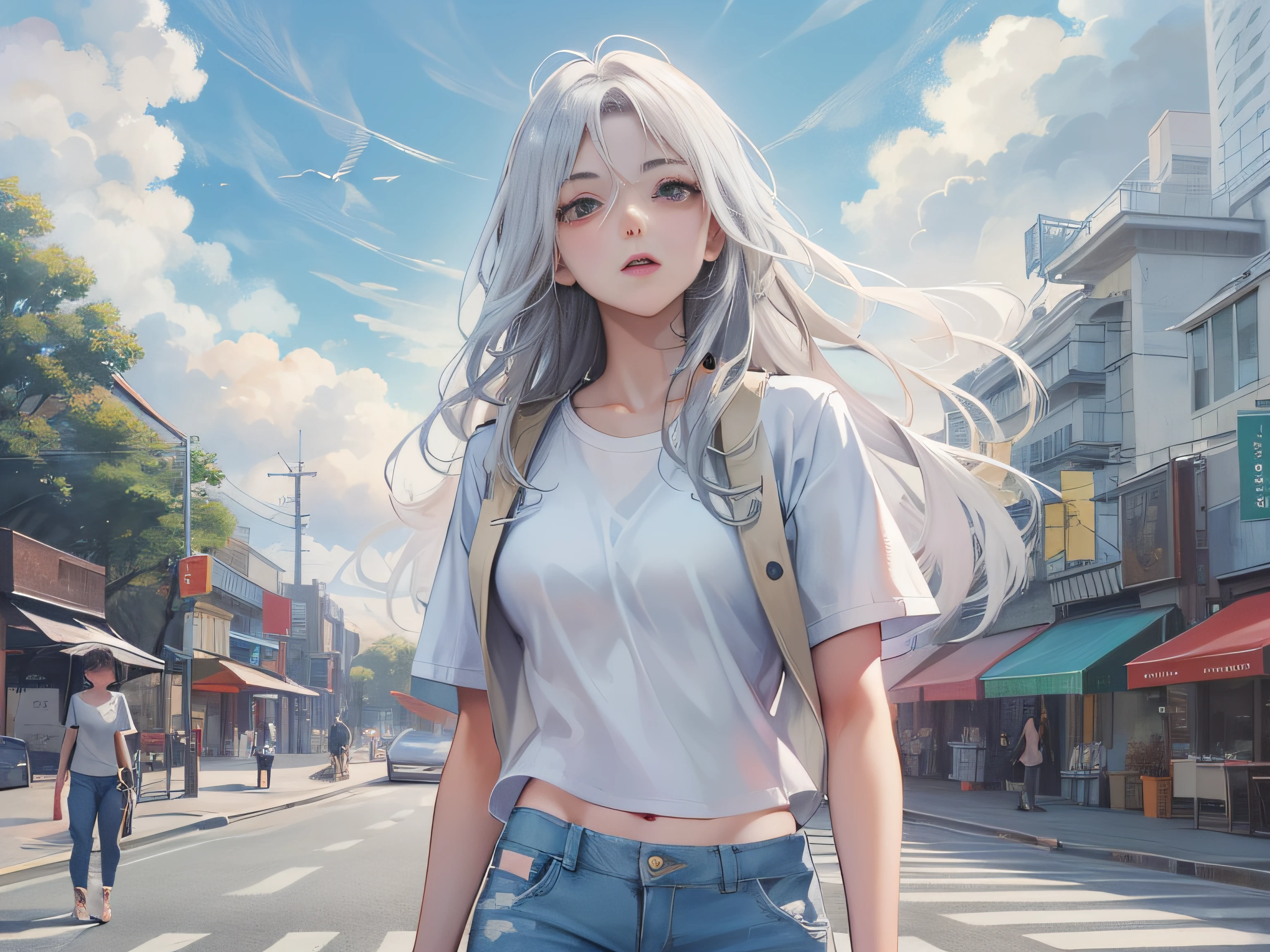 An 18-year-old girl with long silver hair and white half-sleeves and jean pants,Take a leisurely walk,On the street,The sky is clear,grand master,tmasterpiece,4k,Ultra-high image quality。