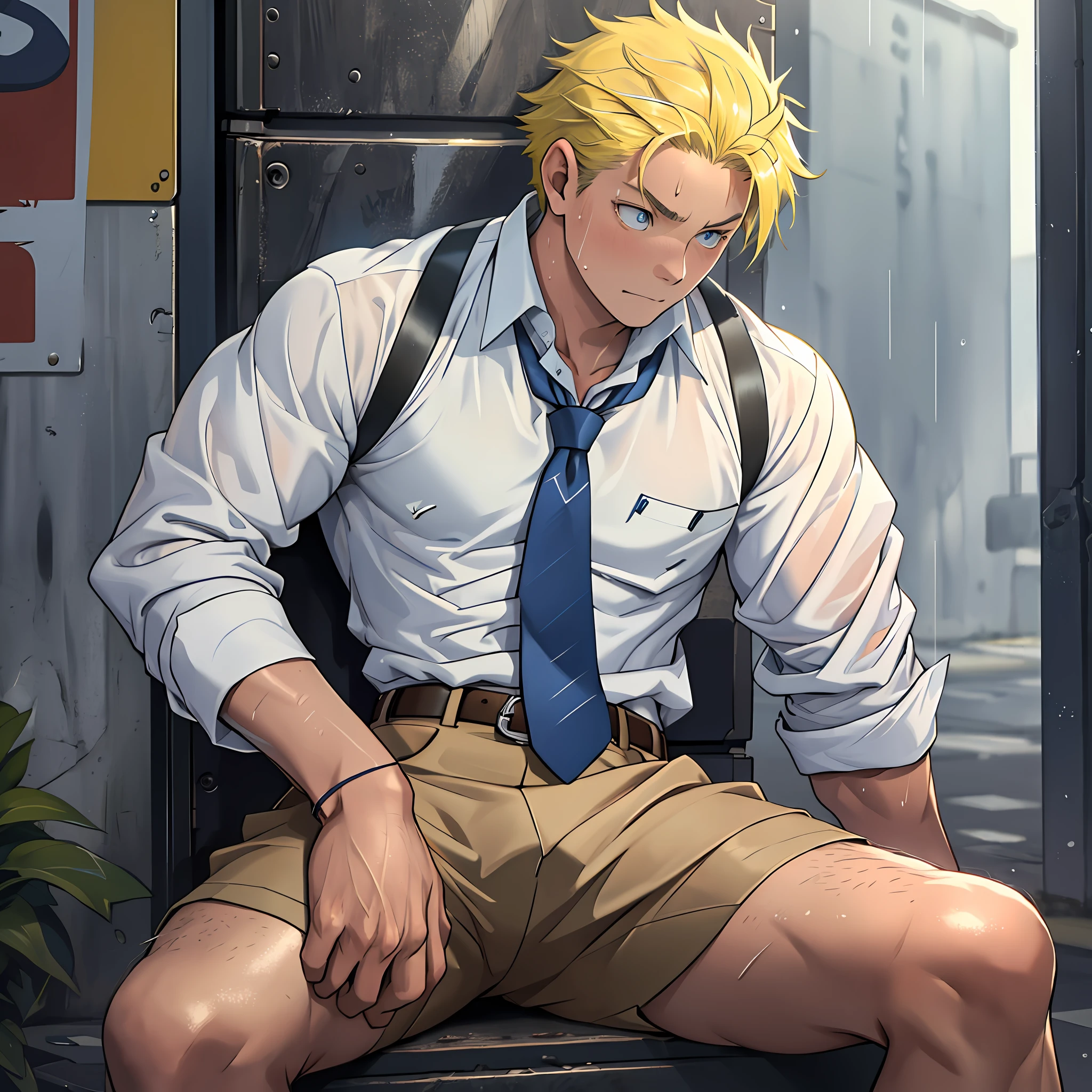 (1 Adult male),A high resolution, Sharp focus, Pixiv masterpiece, ((Complicated details)), highly detailed, natsuki_subaru, 1 man,sit astride,Close-up of crotch,Crotch view, Lazy,full bodyesbian, blue color eyes(eyes glowing), Short yellow hair,white shirt,Wear a tie,Wear a belt,perspire,rain,Drenched,Sweaty crotch,look from down
