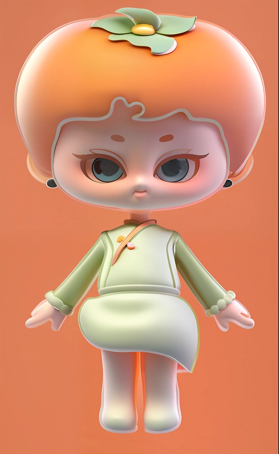 Northern large persimmon on top of the head，IP image，Kizi，sprout，Lovely earrings with peach heart earrings，rococo，3d，solid，Cartoon girl with orange hair and orange dress,cute character, solid，Modeling，