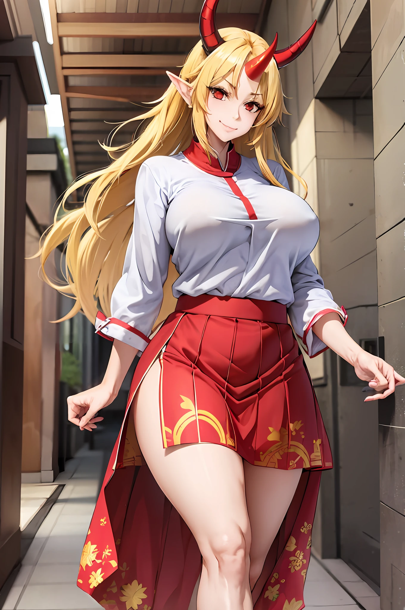 hoshiguma yuugi,1girl,single horn, pointy ears, blonde hair, long hair,yellow eyes,s ,white shirt,skirt,, muscle girl, huge breast,walking, single horn, long skirt, flip flops, sharpteeth, smile, tomboy,very long skirt, blue and red skirt, traditional germanic dress, red eyes, medieval city,full body