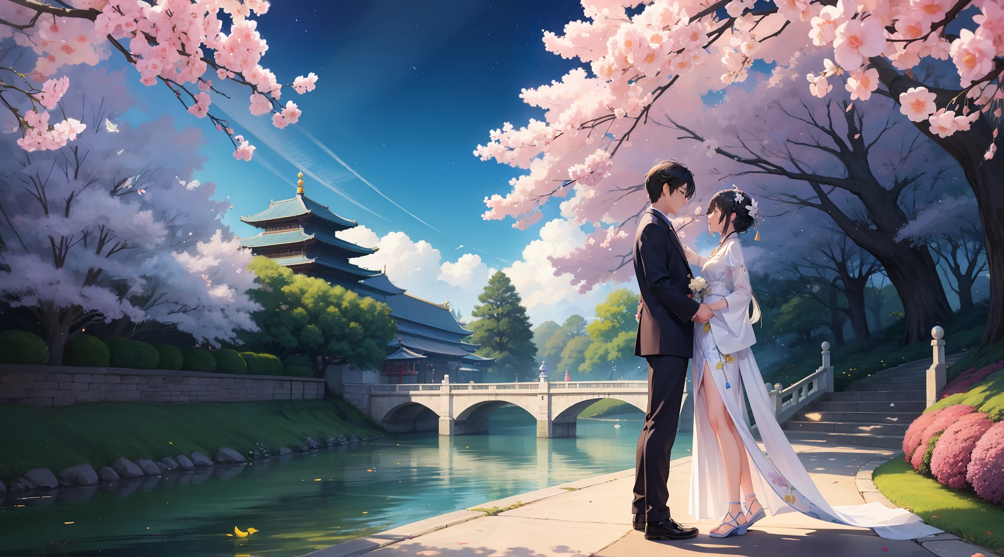 On a sunny day in Tanabata, Clouds fluttering,On the Magpie Bridge,A man and a woman stand opposite each other,Character backs。starry sky bright,Quiet by the river,It was as if there were only two of them left in the entire universe。At this moment,A thousand years of waiting turned into a sweet encounter,Love blooms on the night of Tanabata。small person,There are big scene posters,A couple standing on the bridge, Poster illustration, A beautiful artwork illustration, poster for, vibrant tourism poster, lie on white clouds fairyland, Chinese fantasy, Poster design, illustrated poster,Very dreamy,Horizontal version,Character backs