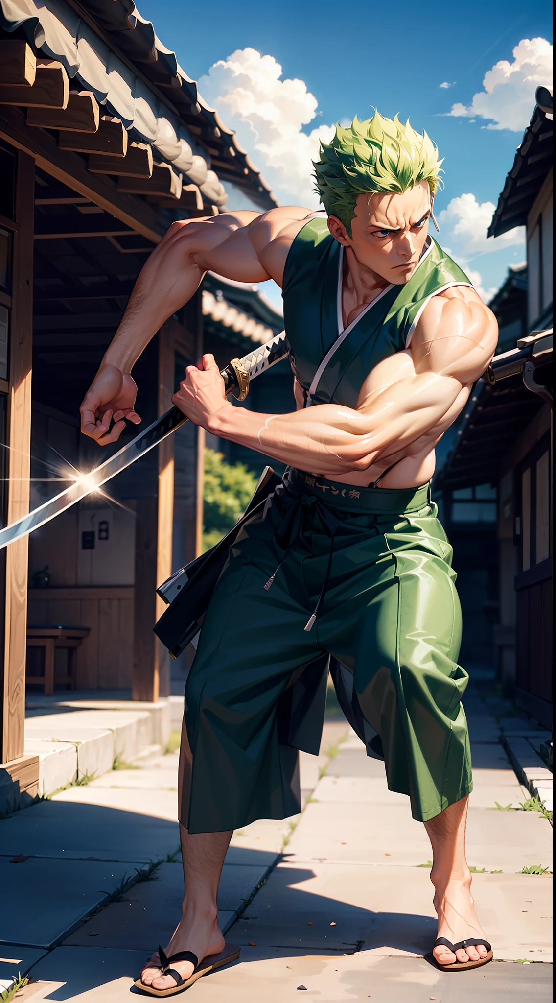 Roronoa Zoro (Masterpiece, 4k resolution, ultra-realistic, very detailed), (Theme of white samurai, charismatic, there is a swordsman next to a Japanese "isakaya" bar, wearing a blue kimono with cloud details on the "obi" track, he is commander of the first division of the leader of the mugiwara band, work "One Piece"), [ ((19 years), (short green hair:1.2),  full body, (blue eyes:1.2), ((Roronoa Zoro's pose), show of strength, unsheathing with one hand his katanas enma), ((Japanese rural environment):0.8)| (rural landscape, at dusk, dynamic lights), (blinded sun)), 1 katana]. # Explanation: Prompt mainly describes a 4k painting of ultra-high definition, very realistic, very detailed. It shows a swordsman, master of the Santoryu style of katanas, wearing a blue kimono with cloud details at the waist band. The subject in the painting is a subject of a white swordsman, holding with one hand his black katana enma, the male protagonist has short green hair, is 19 years old and his entire defined body is shown in the painting, with characteristics of pumped endomorph.