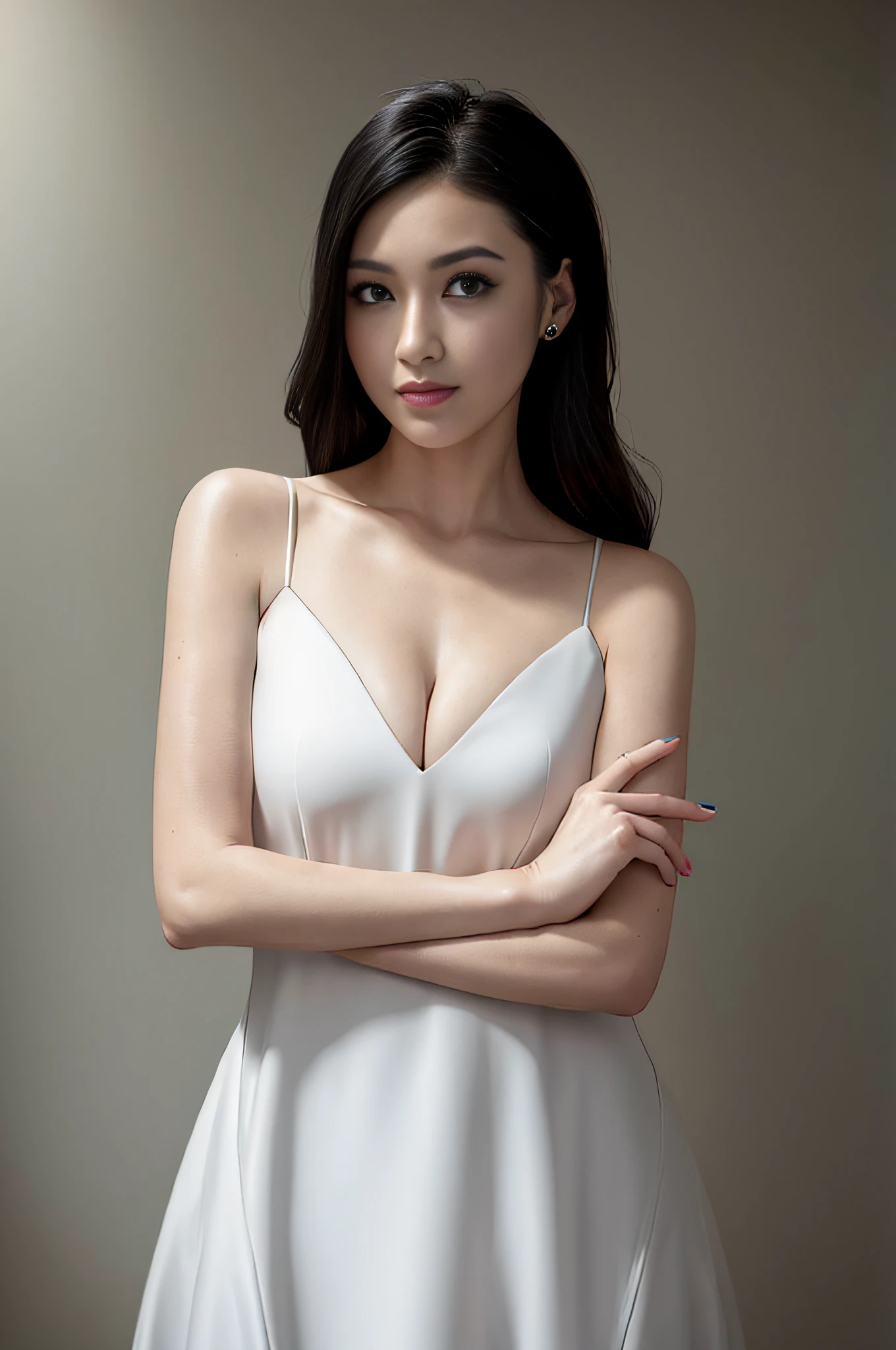 Woman in white dress,white skinned,Beautiful neckline,Black color hair,Smooth neck line,with fair skin,Beautiful and generous