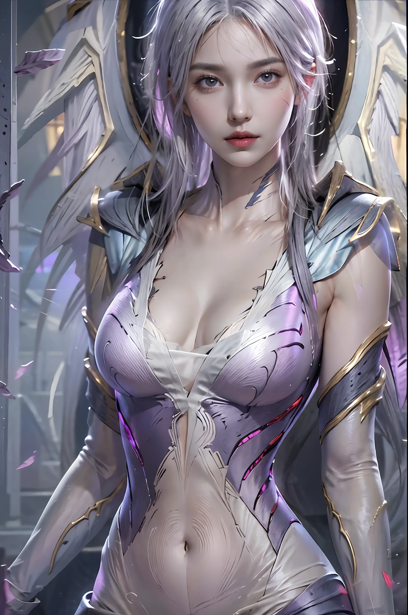 photorealistic, high resolution, 1women, solo, hips up, look at viewer, (detailed face), white hair, kai'sa /league of legends, purple bodysuit, void wings