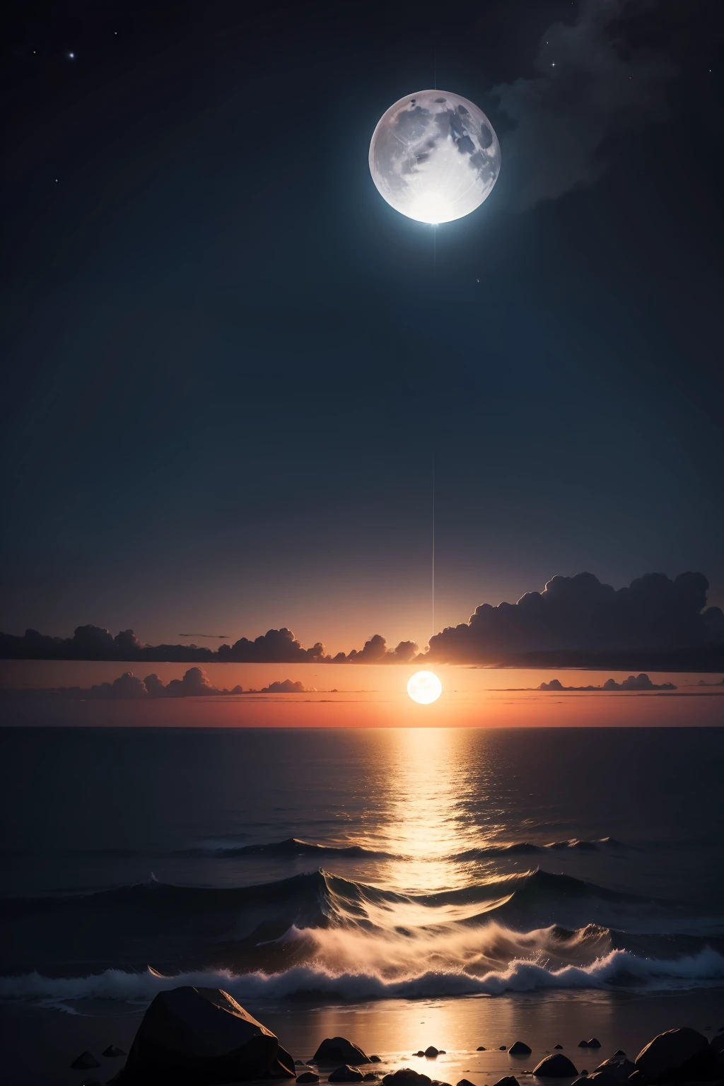 Two full moons in the sky, hanging side by side in the black night sky,The moonlight shines on the empty and tranquil sea,On the sea,vapour,It's like a dream