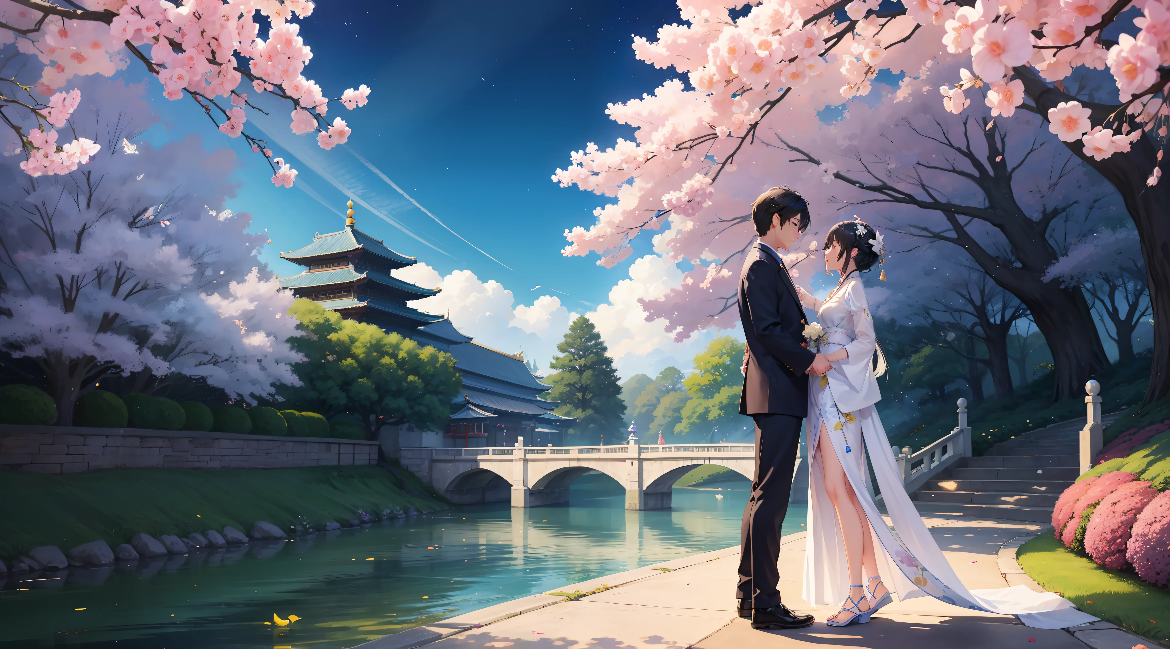 On a sunny day in Tanabata, Clouds fluttering,On the Magpie Bridge,A man and a woman stand opposite each other,Character backs。starry sky bright,Quiet by the river,It was as if there were only two of them left in the entire universe。At this moment,A thousand years of waiting turned into a sweet encounter,Love blooms on the night of Tanabata。small person,There are big scene posters,A couple standing on the bridge, Poster illustration, A beautiful artwork illustration, poster for, vibrant tourism poster, lie on white clouds fairyland, Chinese fantasy, Poster design, illustrated poster,Very dreamy,Horizontal version,Character backs