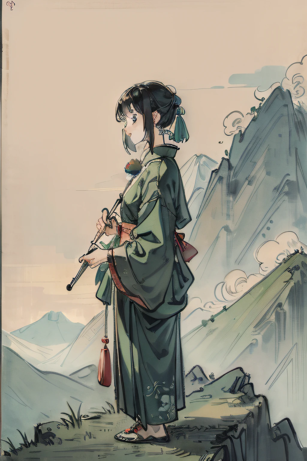 (tmasterpiece，best qualtiy：1.2），Tradition Chinese Ink Painting，Green mountains，The composition is minimalist,(one-girl，The eyes are more carefully described)，Laugh while standing