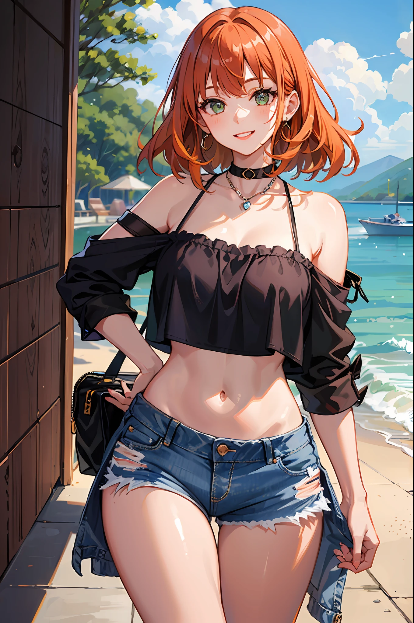 1girl,orange hair, jewel green eyes, pale pink lipstick, Medium length hair, smile,purple crop top,seaside, half real,barefeet, denim shorts, sandals, earrings, rainbow,standing,