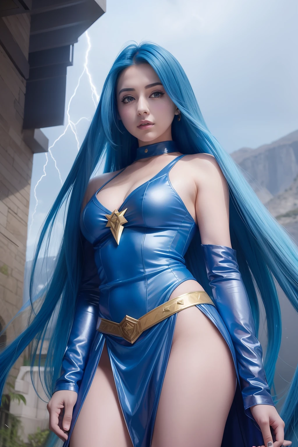 Anime girl with blue hair and blue top posing in front of café, maya ali as a lightning mage, maya ali as a storm sorcerer, ashe, maya ali as a d&d sorcerer, female mage!, Maya Ali as the Wind Magician, Maya Ali as a cyber magician, portrait knights of zodiac girl, knights of zodiac girl