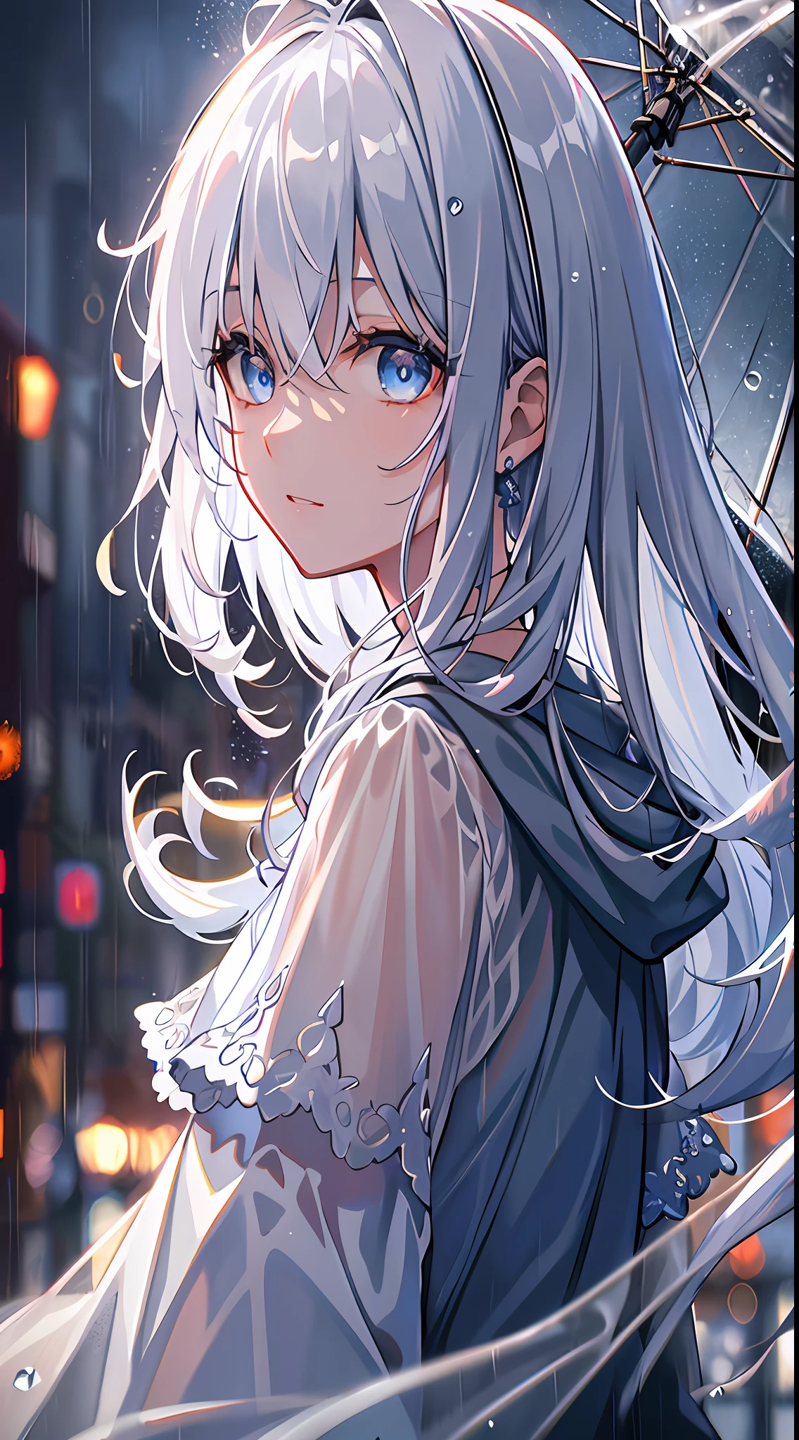 (Masterpiece:1.21), (Best Quality:1.331), ((Super Detail)), ((Superb Illustration)), ((Phenomenal)), (Ultra High Quality), Gorgeous and rich graphics,
(Very delicate and beautiful:1.21), 8K, Wallpaper, (Very beautiful lighting), Hard light, Delicate composition, (Perfect composition), (Very beautiful and detailed background:1.21), Rembrandt-inspired representation of light and shadow, Dark tones, (Understated and highly dispersive color scale), ((depth of field)), deep shadows,
Dynamic angle, from the side, upper body, radial blur,
rain, (city lights, blurred background),
(1 girl), (eyes of beautiful detail), clear blue eyes, long, silver French blade hair,
fatigue
transparent raincoat, wet clothes, wet skin, wet hair drips,
lens flare, string light, street, , masterpiece, top quality, hoodie, bob short