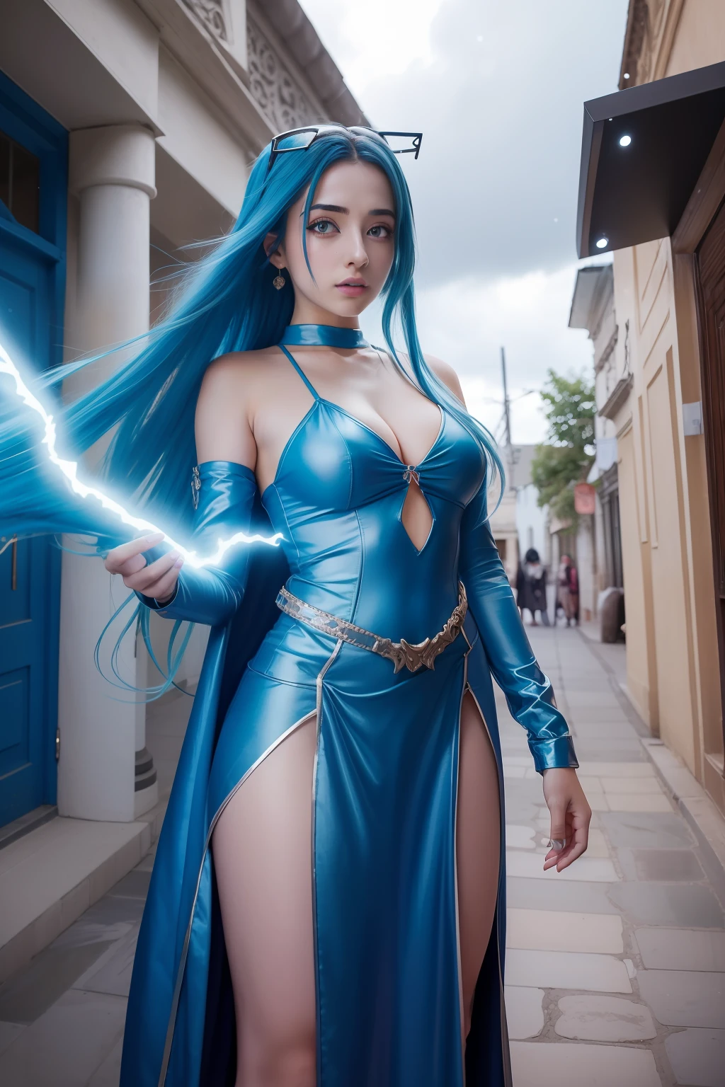 Anime girl with blue hair and blue top posing in front of café, maya ali as a lightning mage, maya ali as a storm sorcerer, ashe, maya ali as a d&d sorcerer, female mage!, Maya Ali as the Wind Magician, Maya Ali as a cyber magician, portrait knights of zodiac girl, knights of zodiac girl
